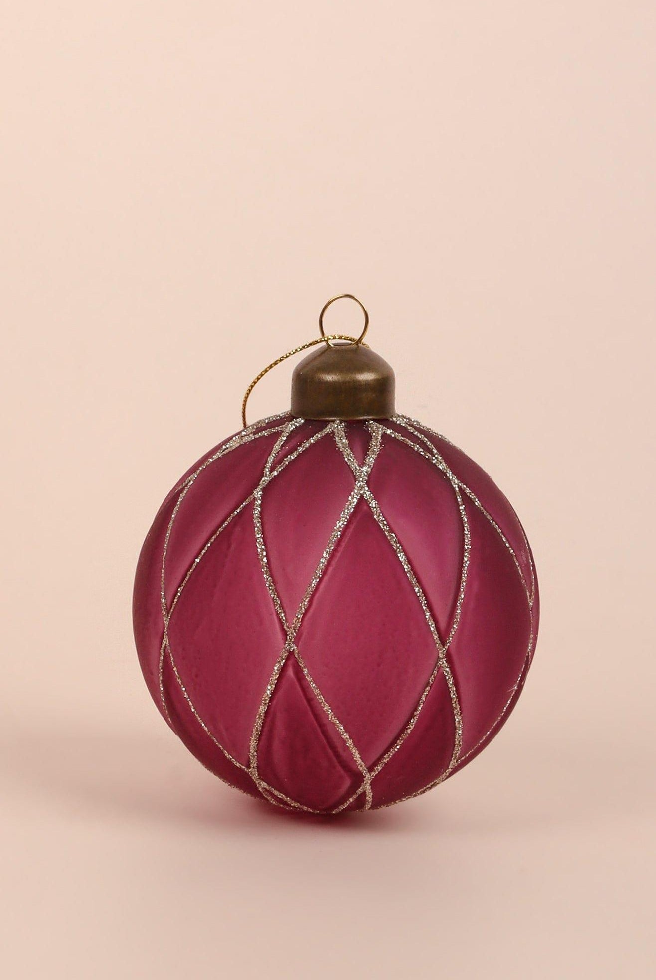 Set of 4 Hand-Painted Glass Rich Pink Plum Glass Christmas Tree Baubles with Gold and Silver Glitter Hanging Ornaments - G Decor