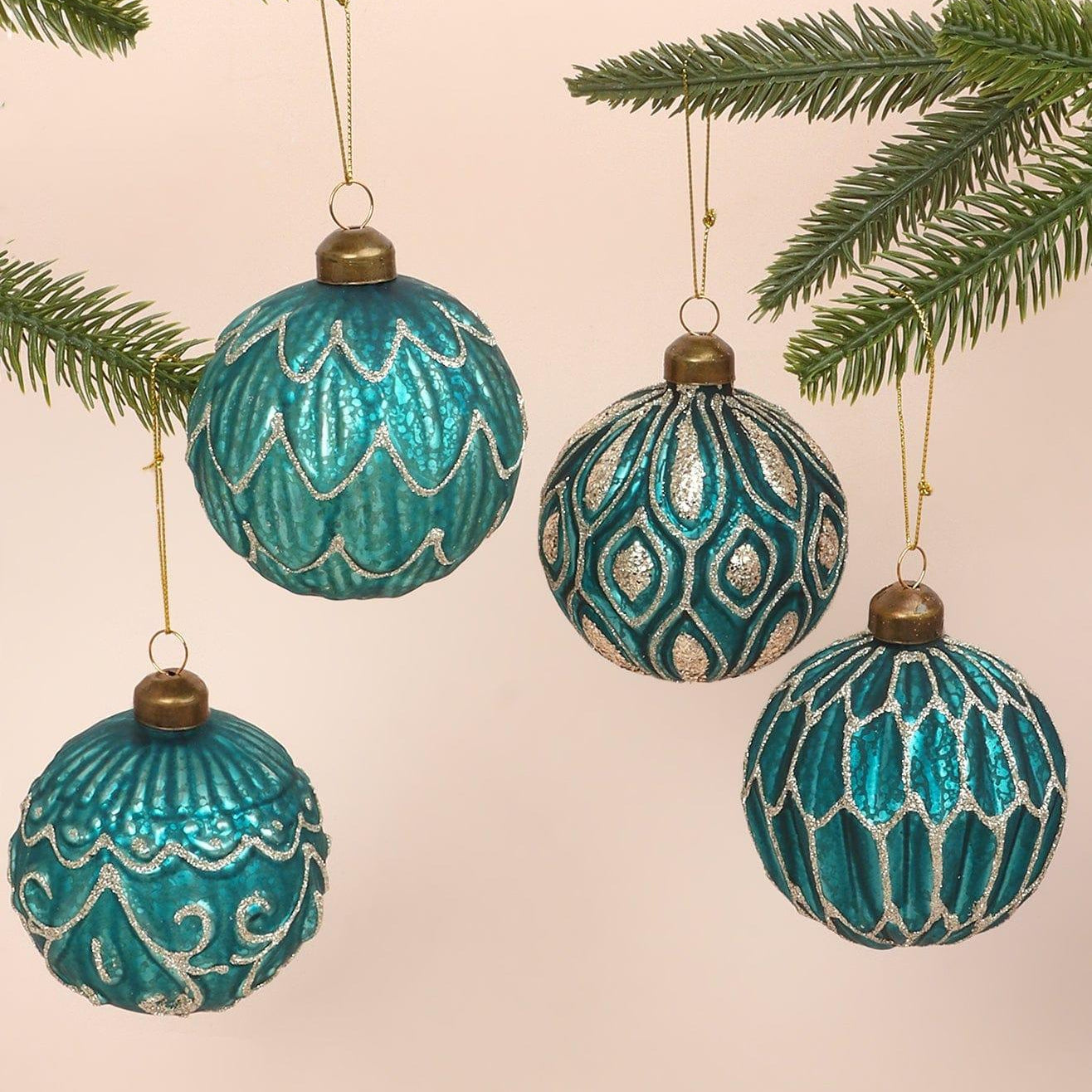 Set of 4 Hand-Painted Glass Turquoise Jubilee Glass Baubles With Silver Detailing Christmas Ornaments - G Decor