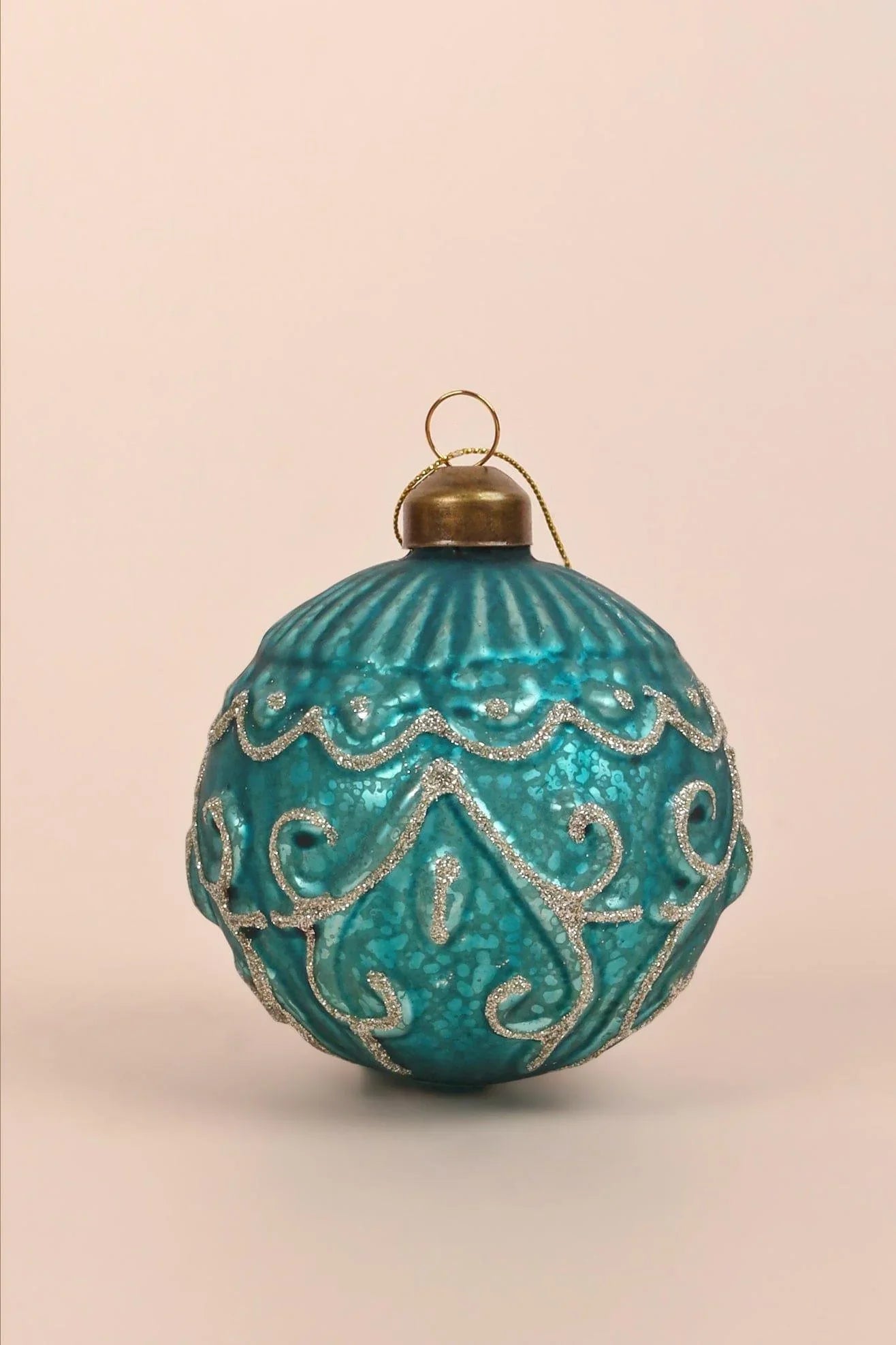 Set of 4 Hand-Painted Glass Turquoise Jubilee Glass Baubles With Silver Detailing Christmas Ornaments - G Decor