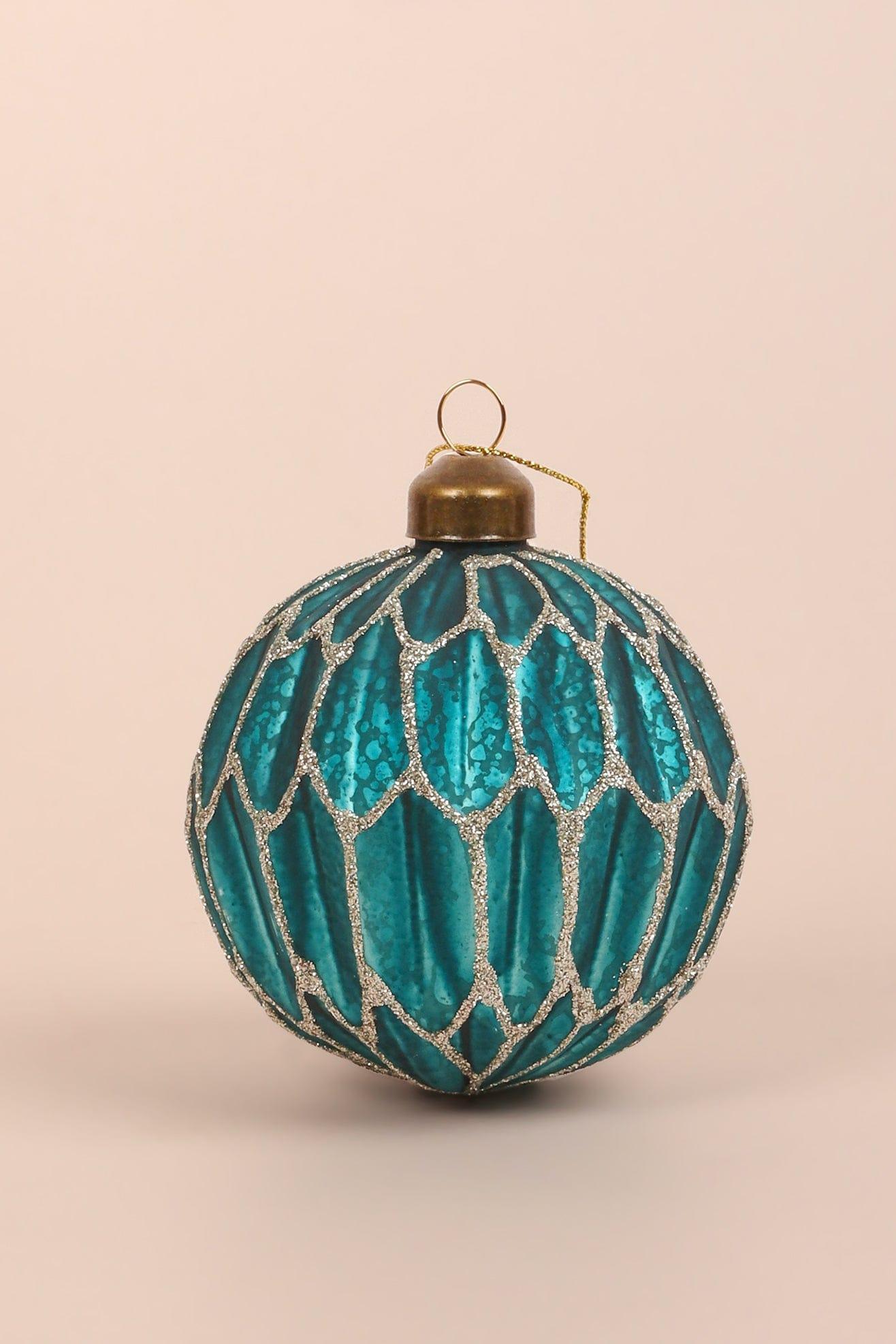 Set of 4 Hand-Painted Glass Turquoise Jubilee Glass Baubles With Silver Detailing Christmas Ornaments - G Decor