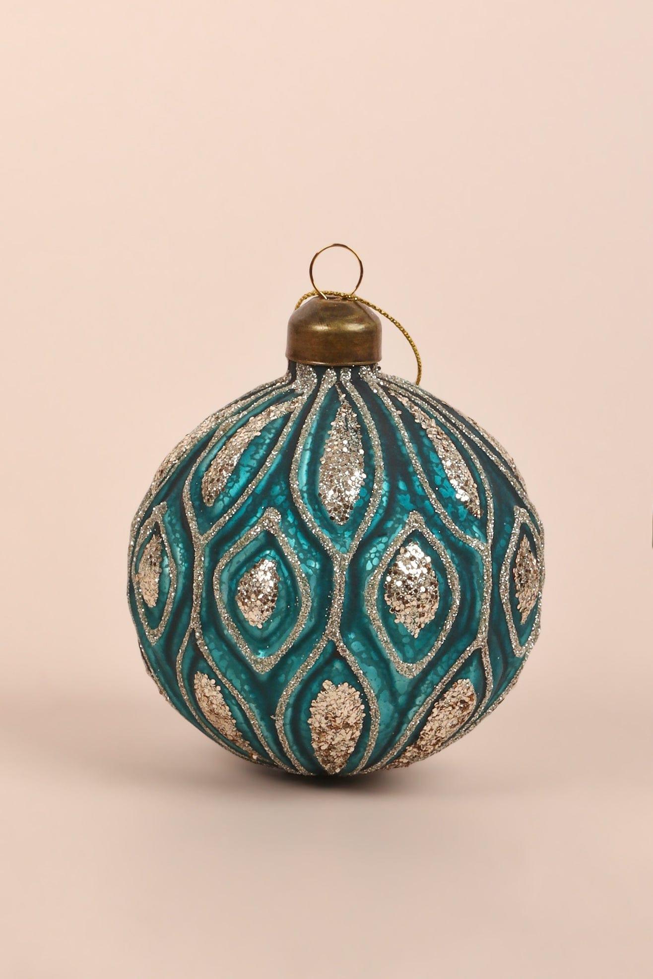 Set of 4 Hand-Painted Glass Turquoise Jubilee Glass Baubles With Silver Detailing Christmas Ornaments - G Decor