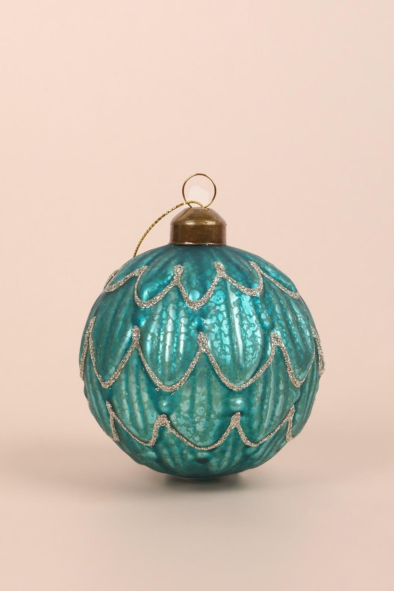 Set of 4 Hand-Painted Glass Turquoise Jubilee Glass Baubles With Silver Detailing Christmas Ornaments - G Decor