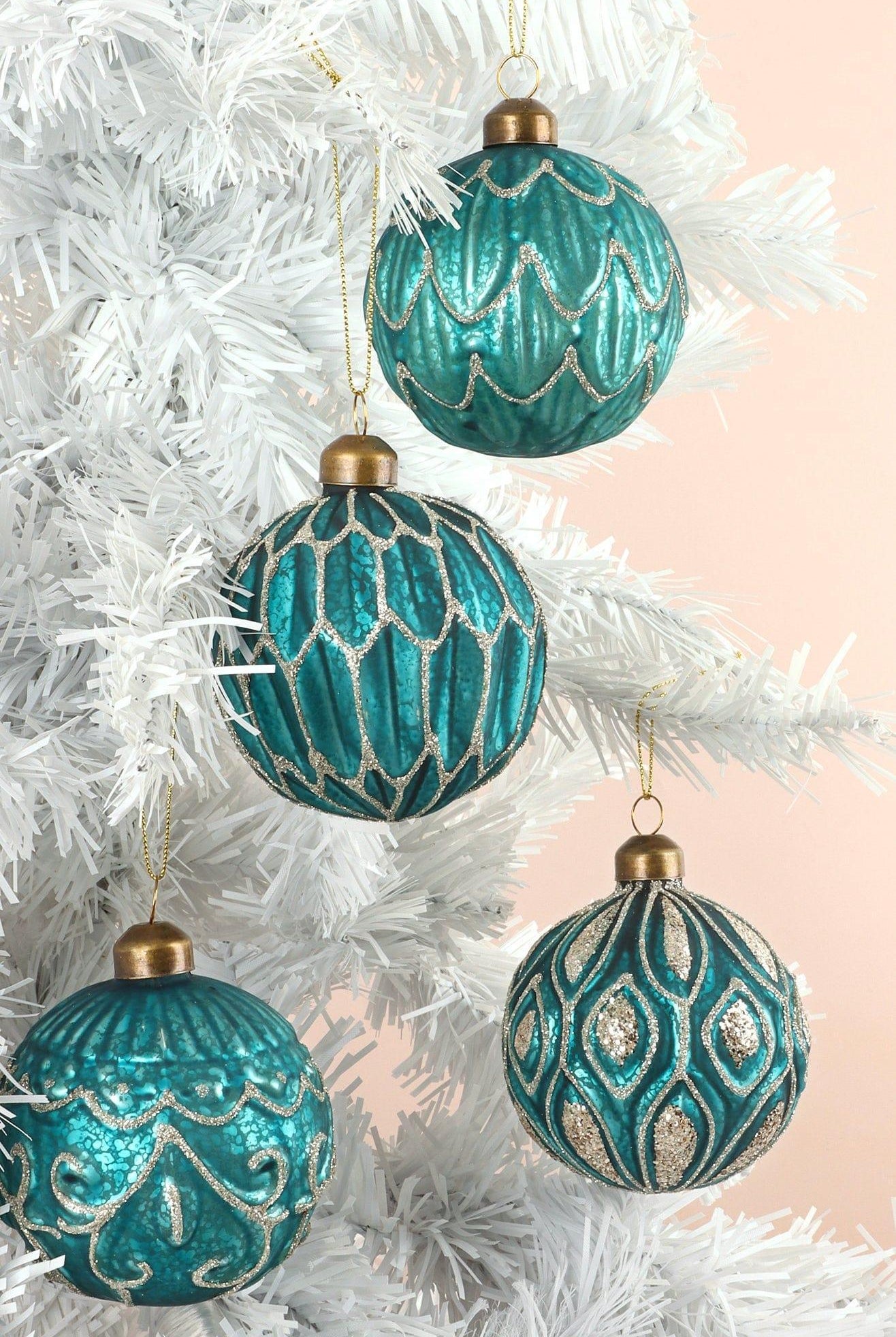 Set of 4 Hand-Painted Glass Turquoise Jubilee Glass Baubles With Silver Detailing Christmas Ornaments - G Decor