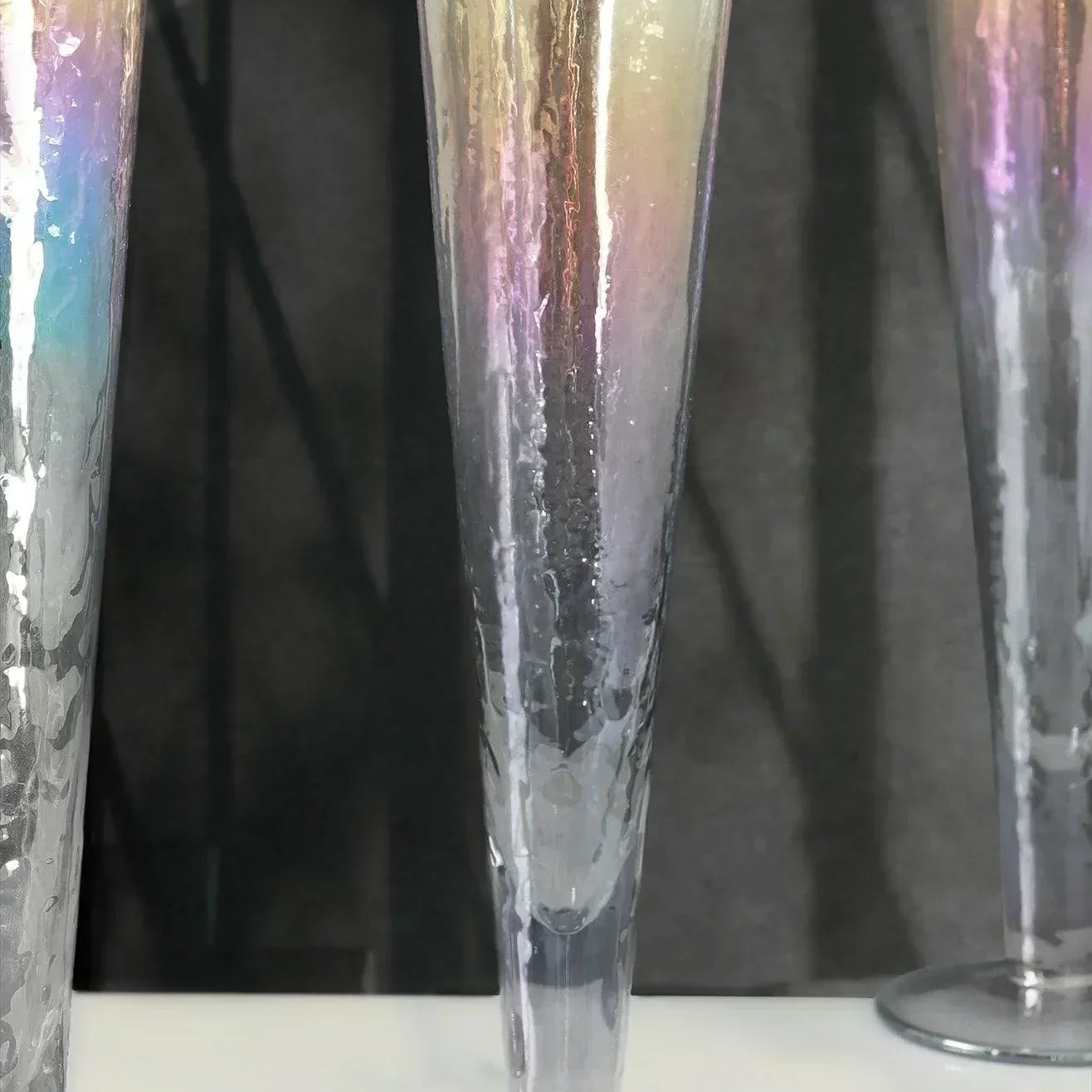 Set of 4 Handmade Iridescent Grey Hammered Champagne Flutes with Gold Rim - G Decor