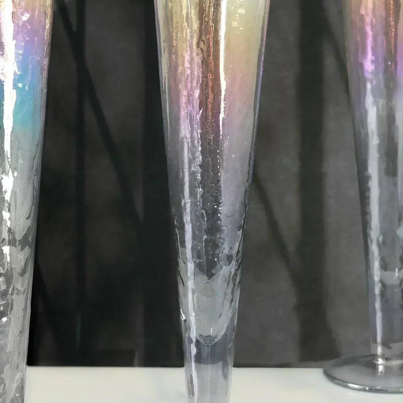 Set of 4 Handmade Iridescent Grey Hammered Champagne Flutes with Gold Rim - G Decor