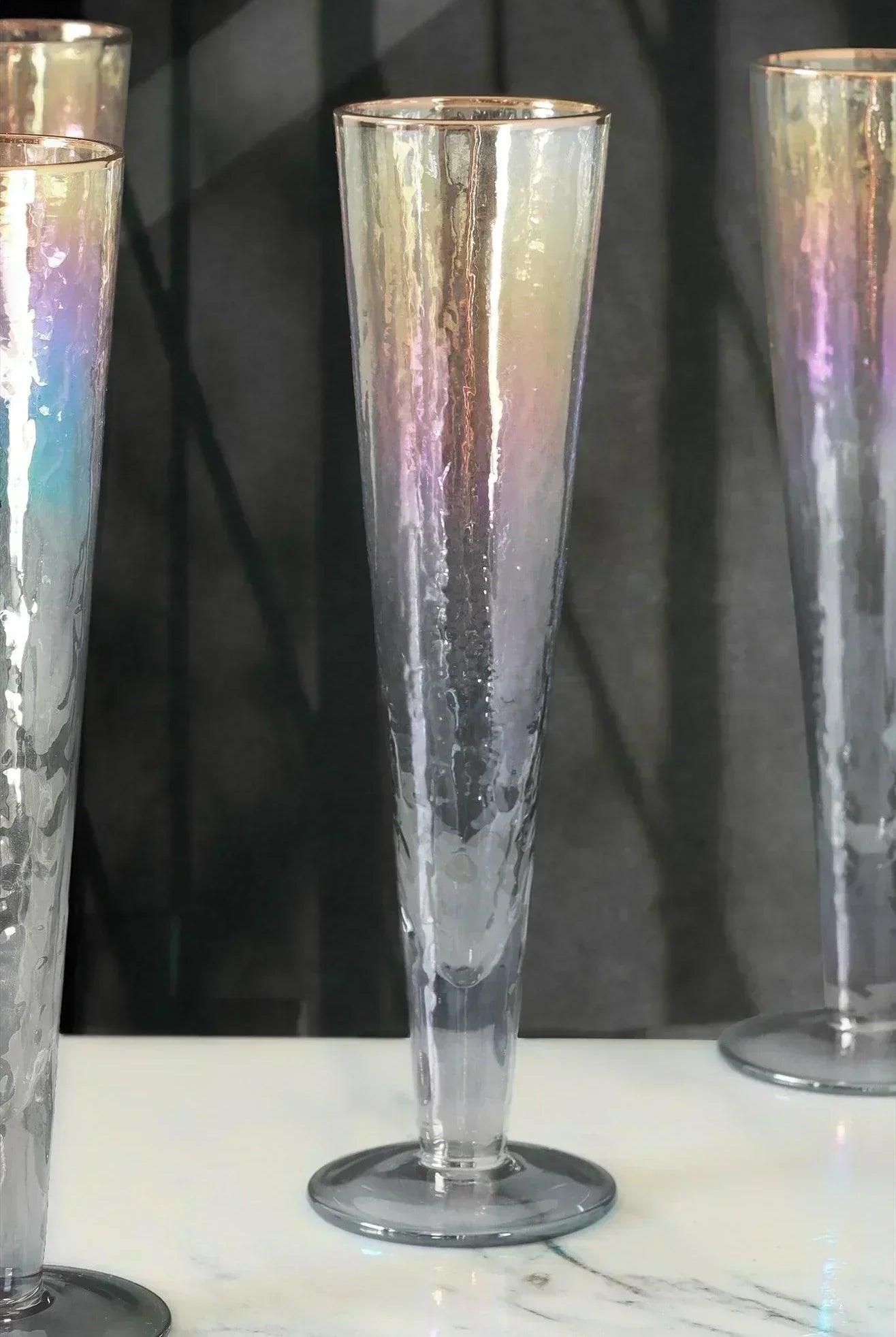 Set of 4 Handmade Iridescent Grey Hammered Champagne Flutes with Gold Rim - G Decor