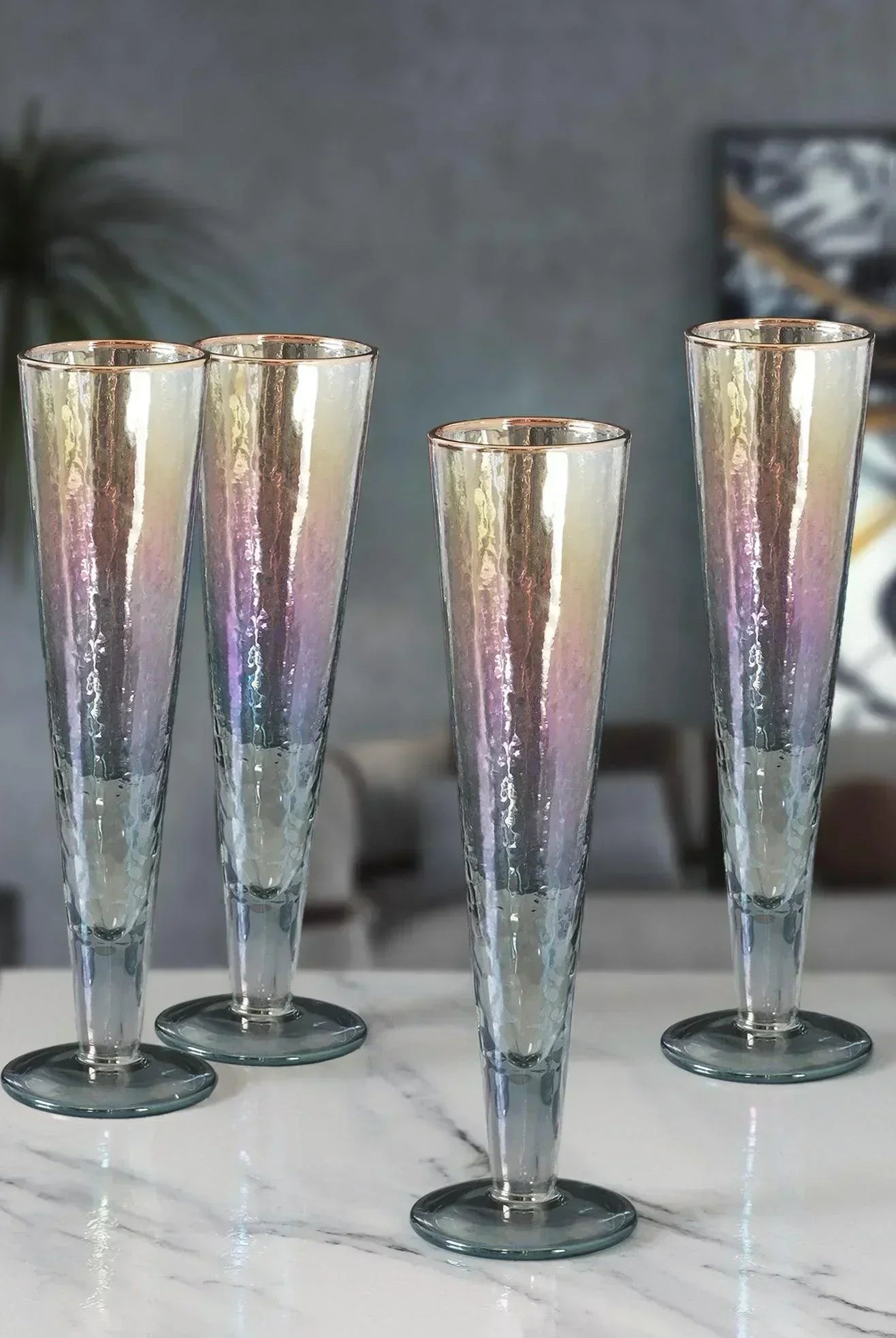 Set of 4 Handmade Iridescent Grey Hammered Champagne Flutes with Gold Rim - G Decor