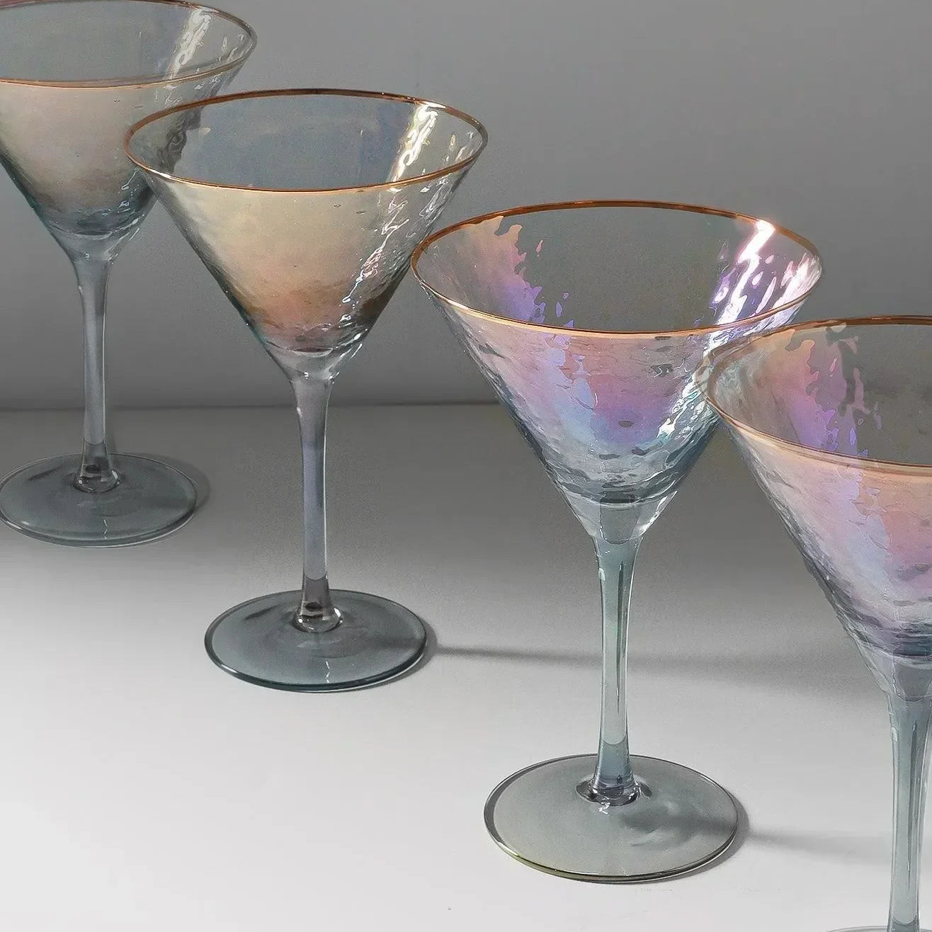 Set of 4 Handmade Iridescent Grey Hammered Martini & Cocktail Glasses with Gold Rim - G Decor