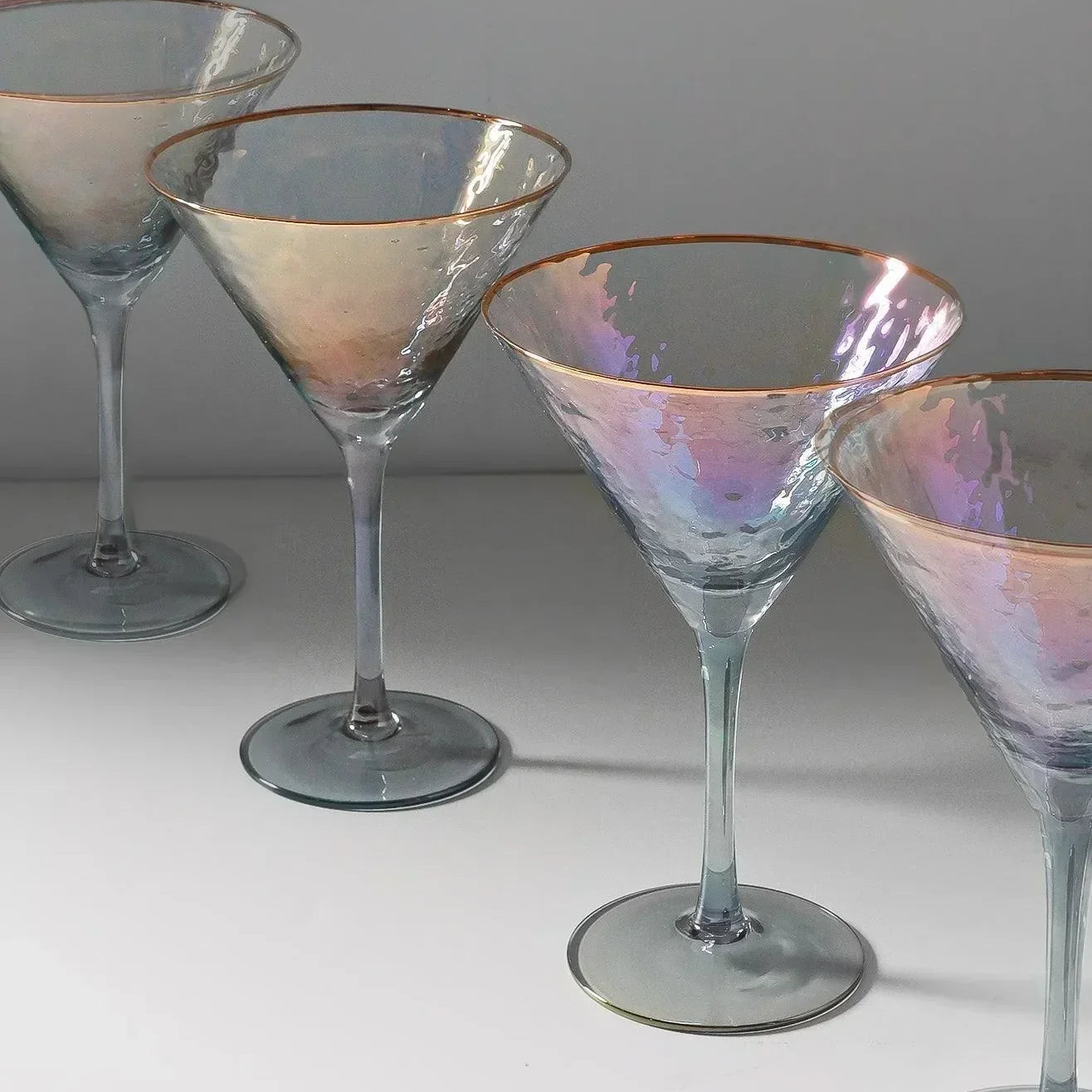 Set of 4 Handmade Iridescent Grey Hammered Martini & Cocktail Glasses with Gold Rim - G Decor