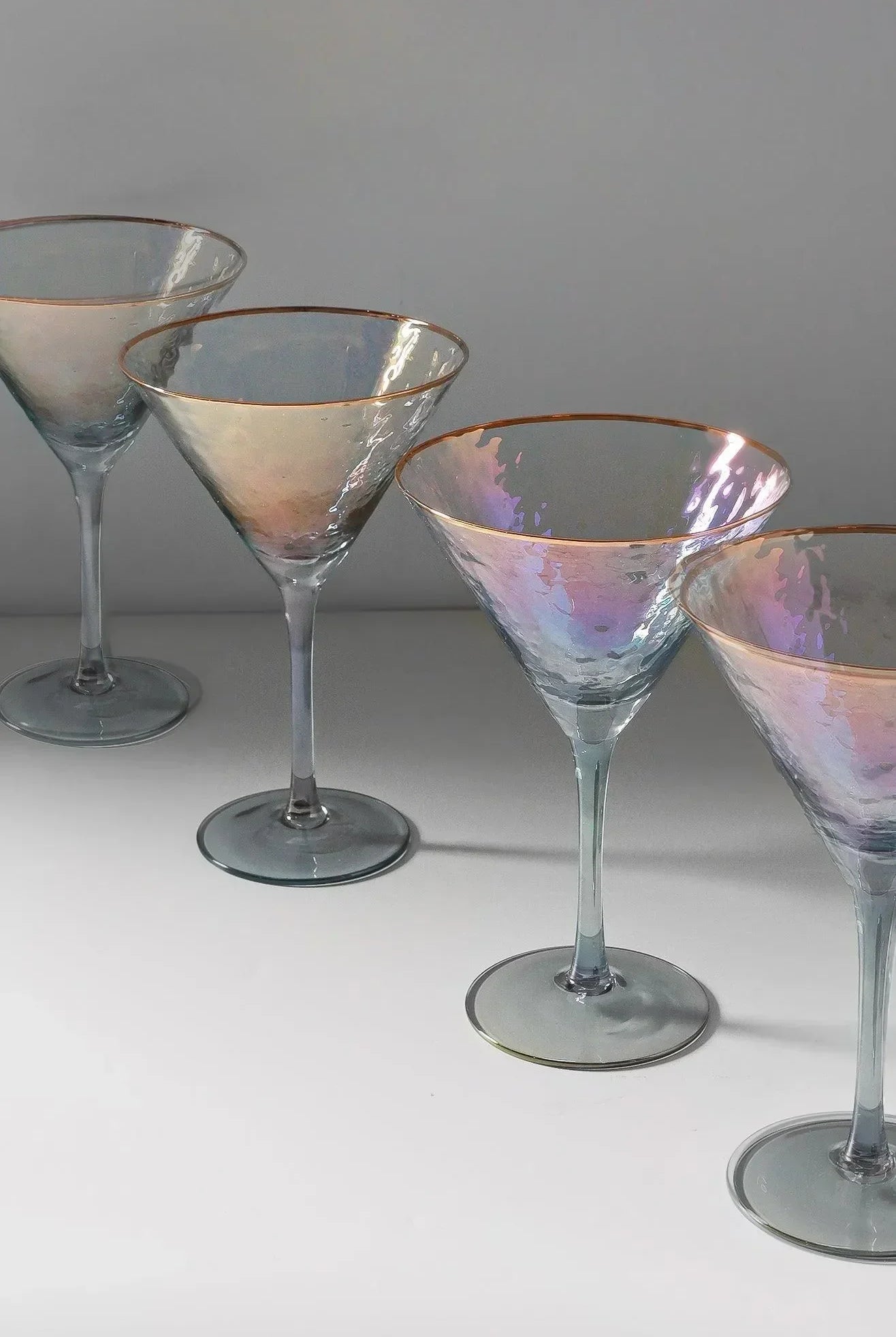 Set of 4 Handmade Iridescent Grey Hammered Martini & Cocktail Glasses with Gold Rim - G Decor