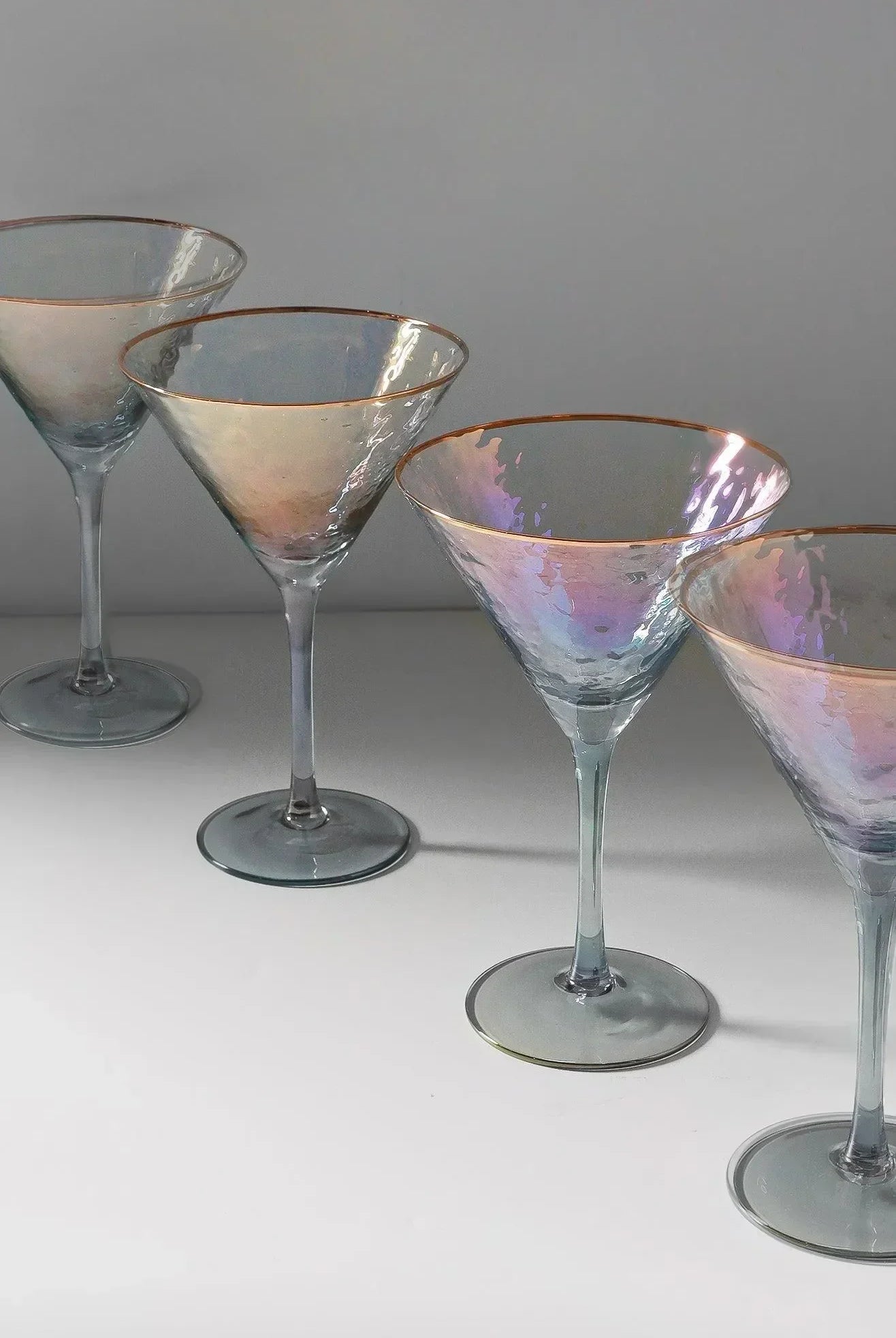 Set of 4 Handmade Iridescent Grey Hammered Martini & Cocktail Glasses with Gold Rim - G Decor