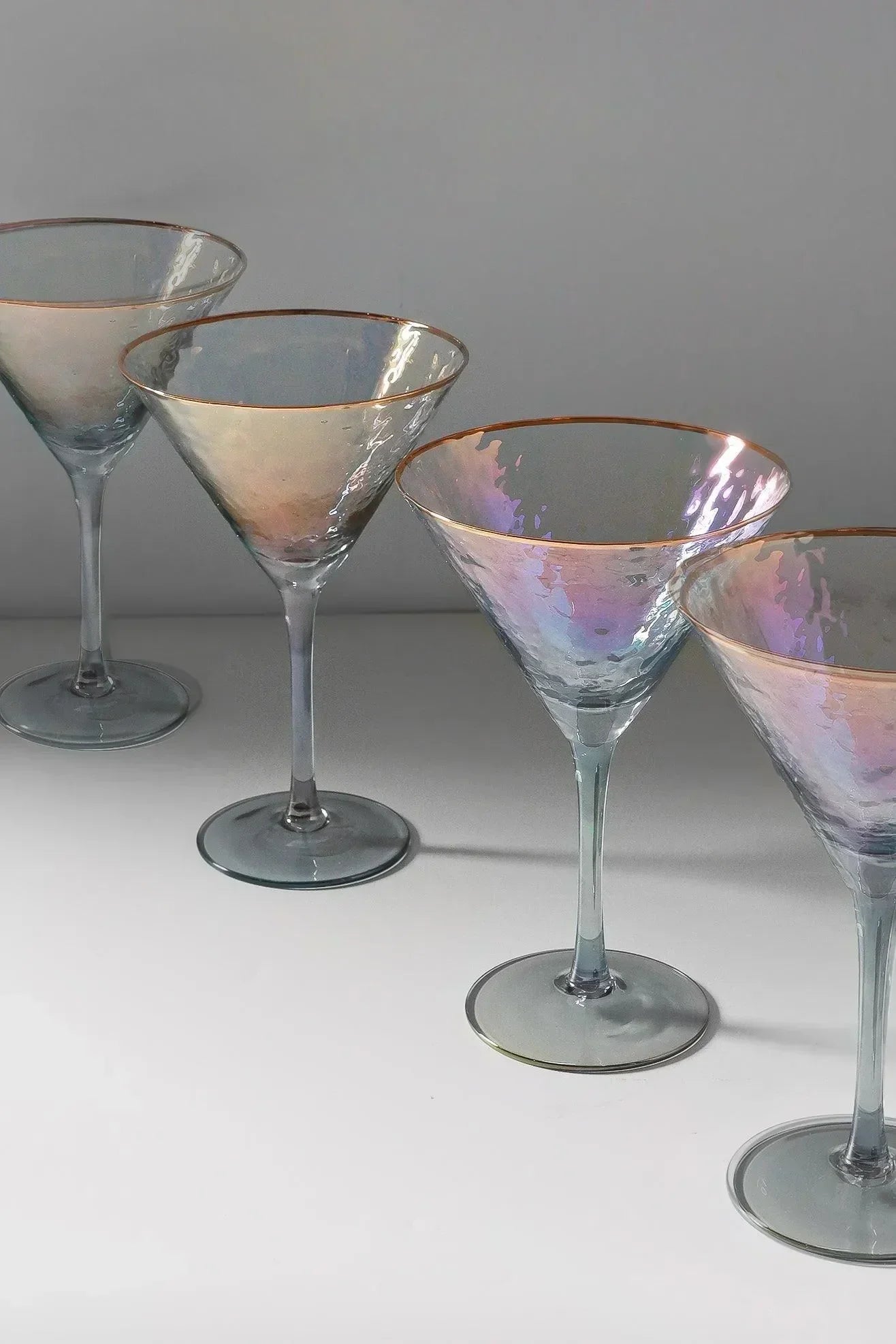Set of 4 Handmade Iridescent Grey Hammered Martini & Cocktail Glasses with Gold Rim - G Decor