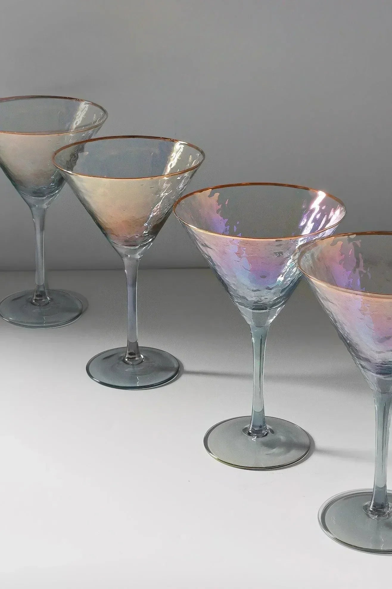 Set of 4 Handmade Iridescent Grey Hammered Martini & Cocktail Glasses with Gold Rim - G Decor