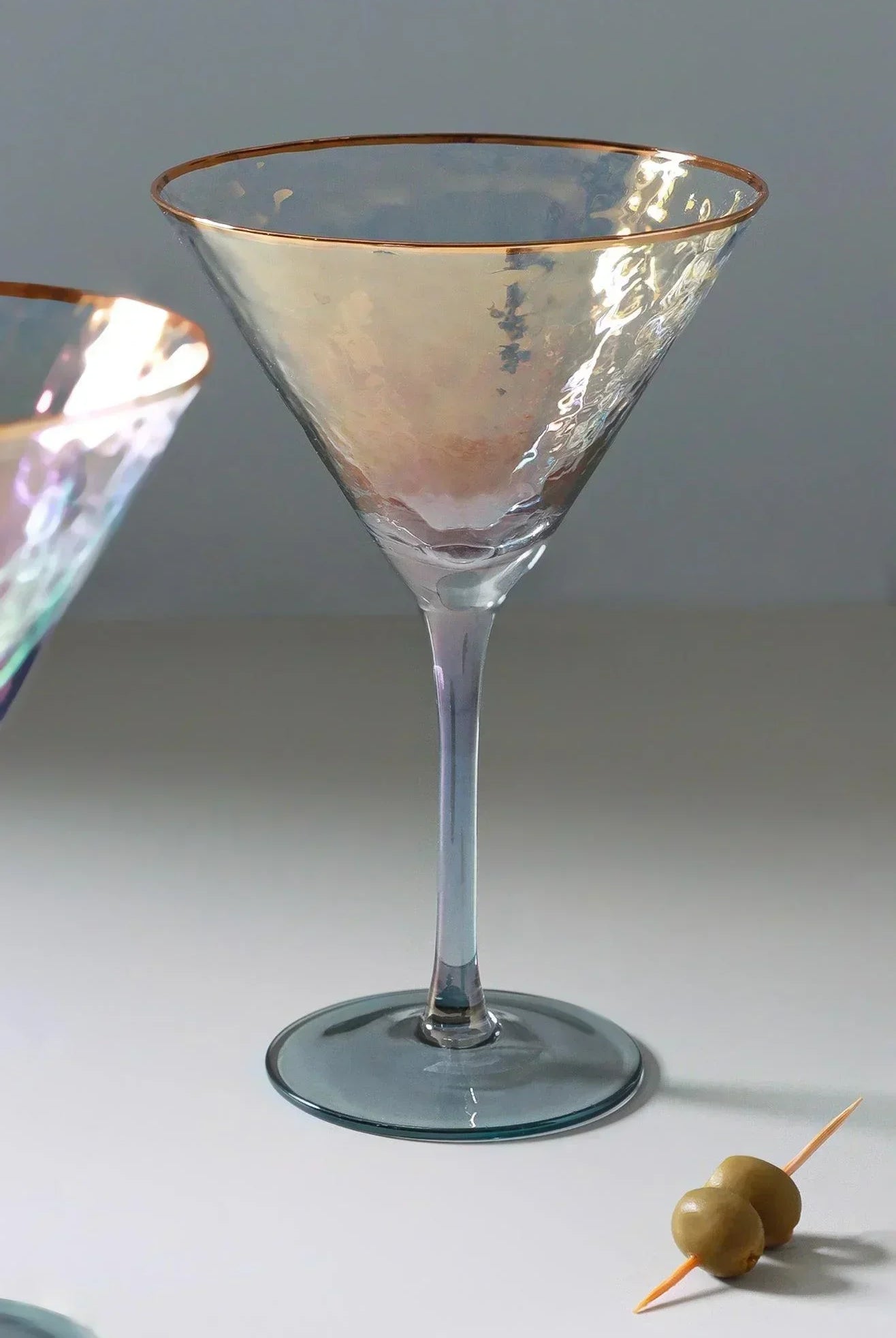 Set of 4 Handmade Iridescent Grey Hammered Martini & Cocktail Glasses with Gold Rim - G Decor