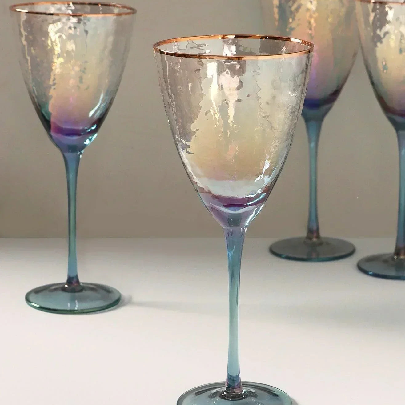 Set of 4 Handmade Iridescent Grey Hammered Wine Glasses - G Decor