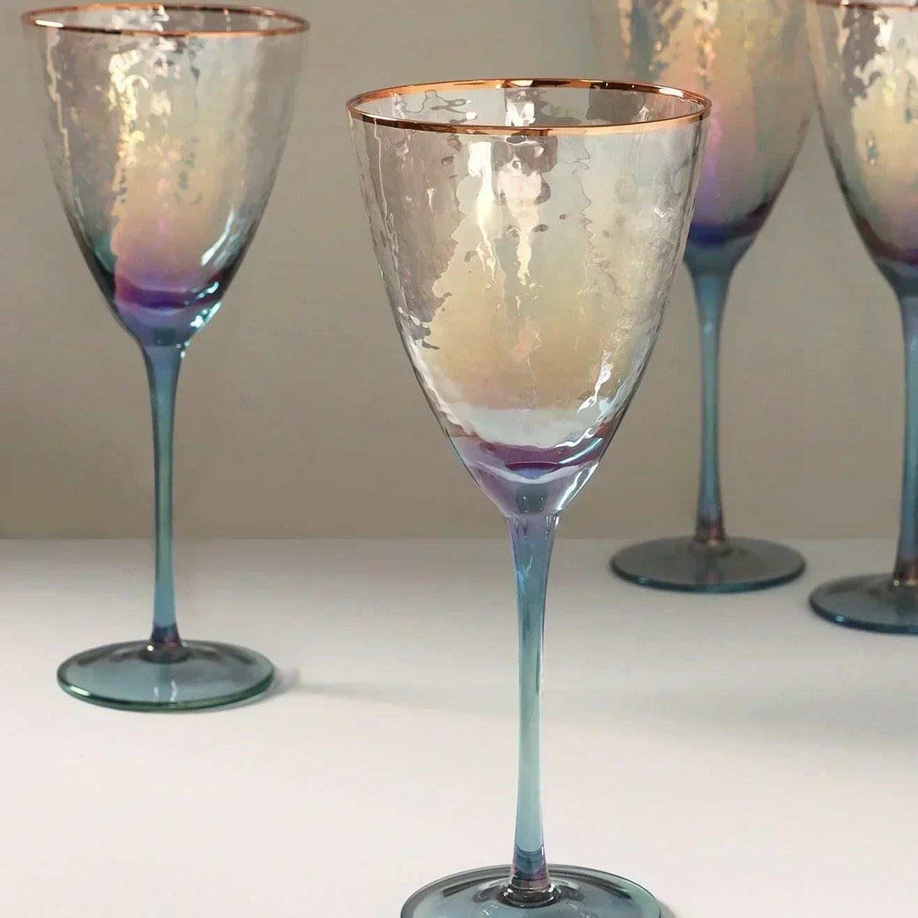 Set of 4 Handmade Iridescent Grey Hammered Wine Glasses - G Decor