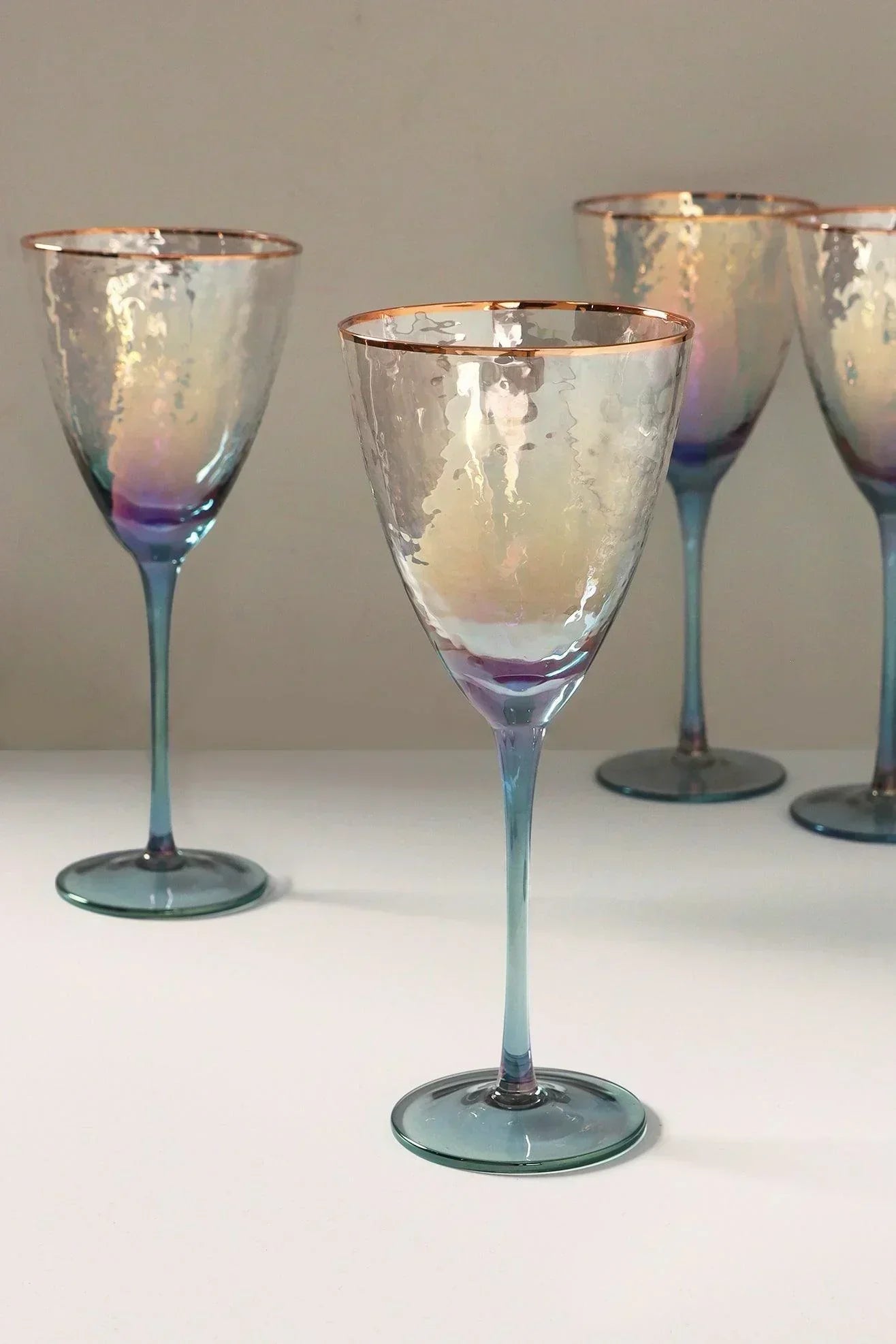 Set of 4 Handmade Iridescent Grey Hammered Wine Glasses - G Decor