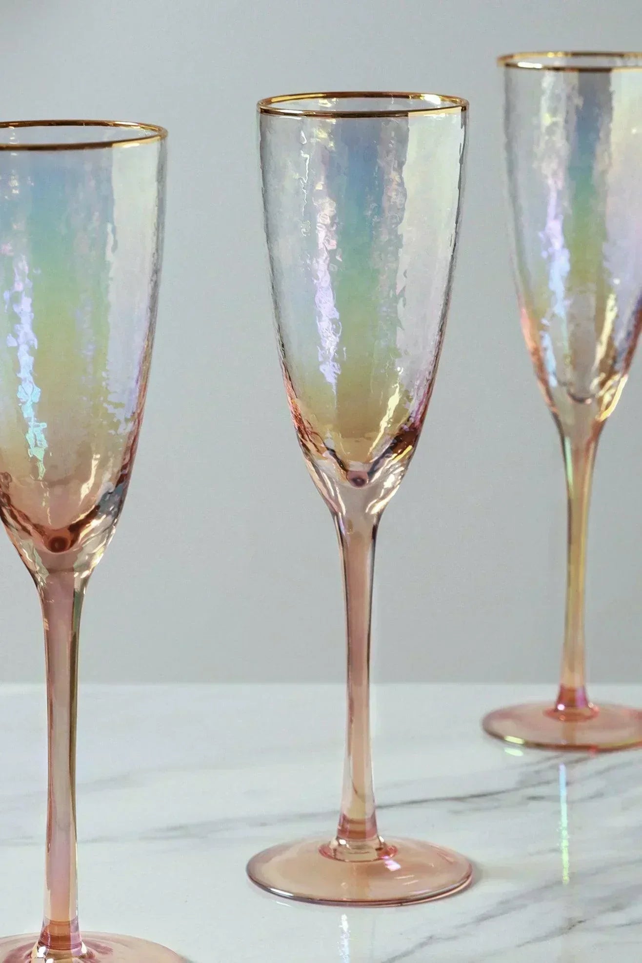 Iridescent Pearl Hammered Champagne Flutes with Gold Rim Set of 4 — lifestyle view, G Decor