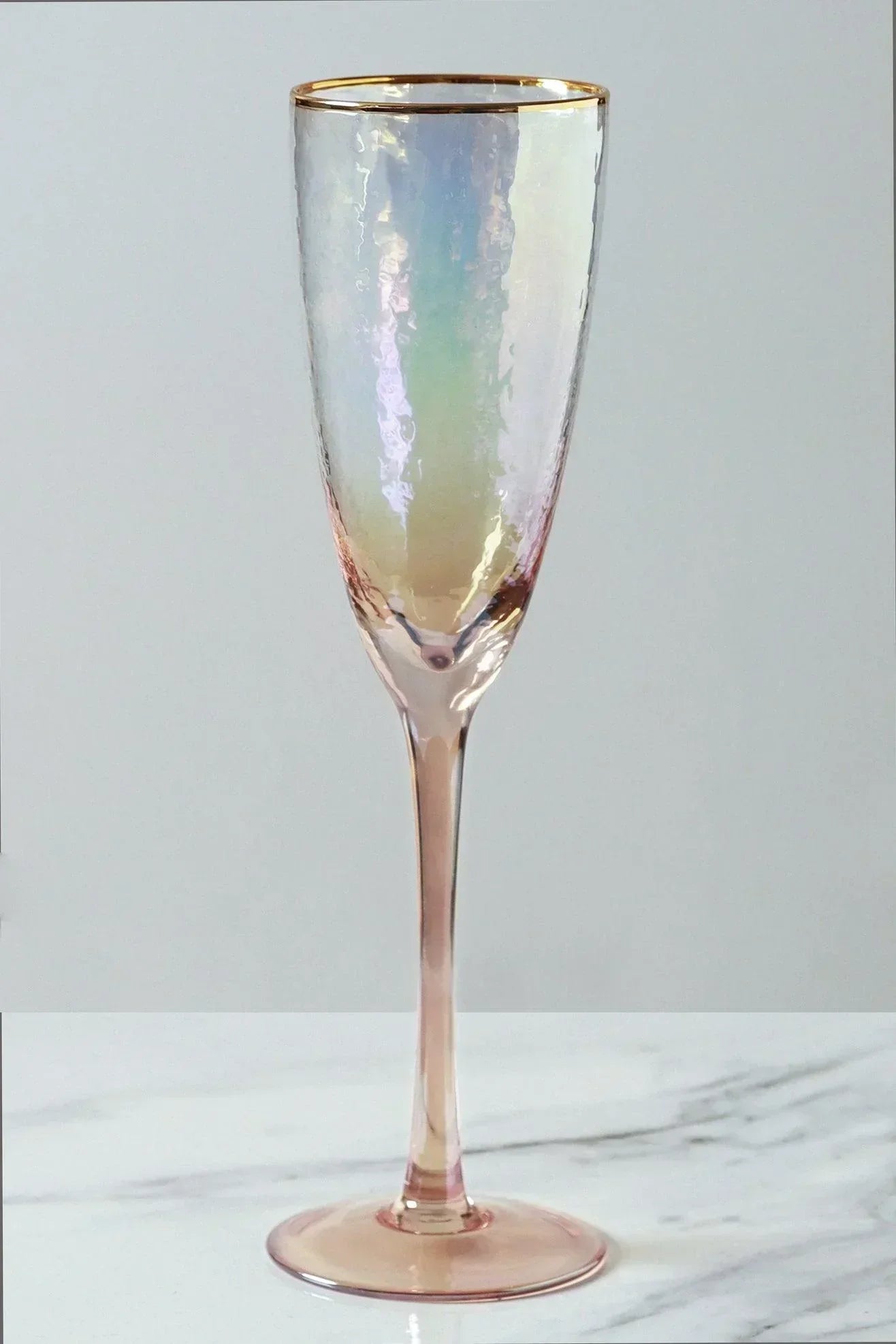 Set of 4 Handmade Iridescent Pearl Hammered Champagne Flutes with Gold Rim - G Decor