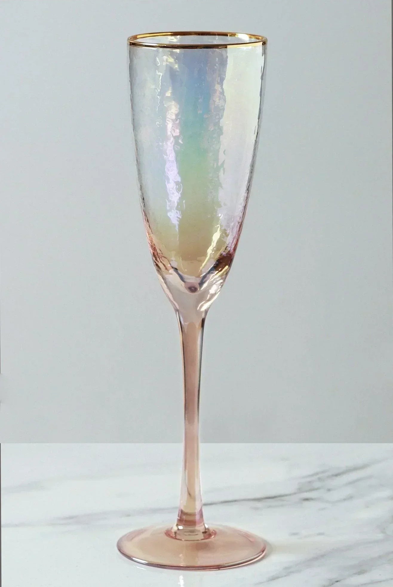 Set of 4 Handmade Iridescent Pearl Hammered Champagne Flutes with Gold Rim - G Decor