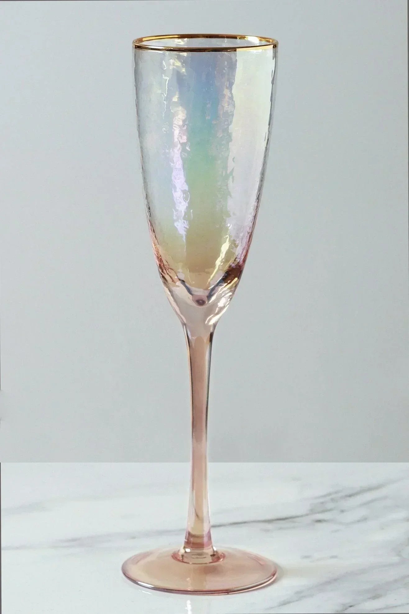 Set of 4 Handmade Iridescent Pearl Hammered Champagne Flutes with Gold Rim - G Decor