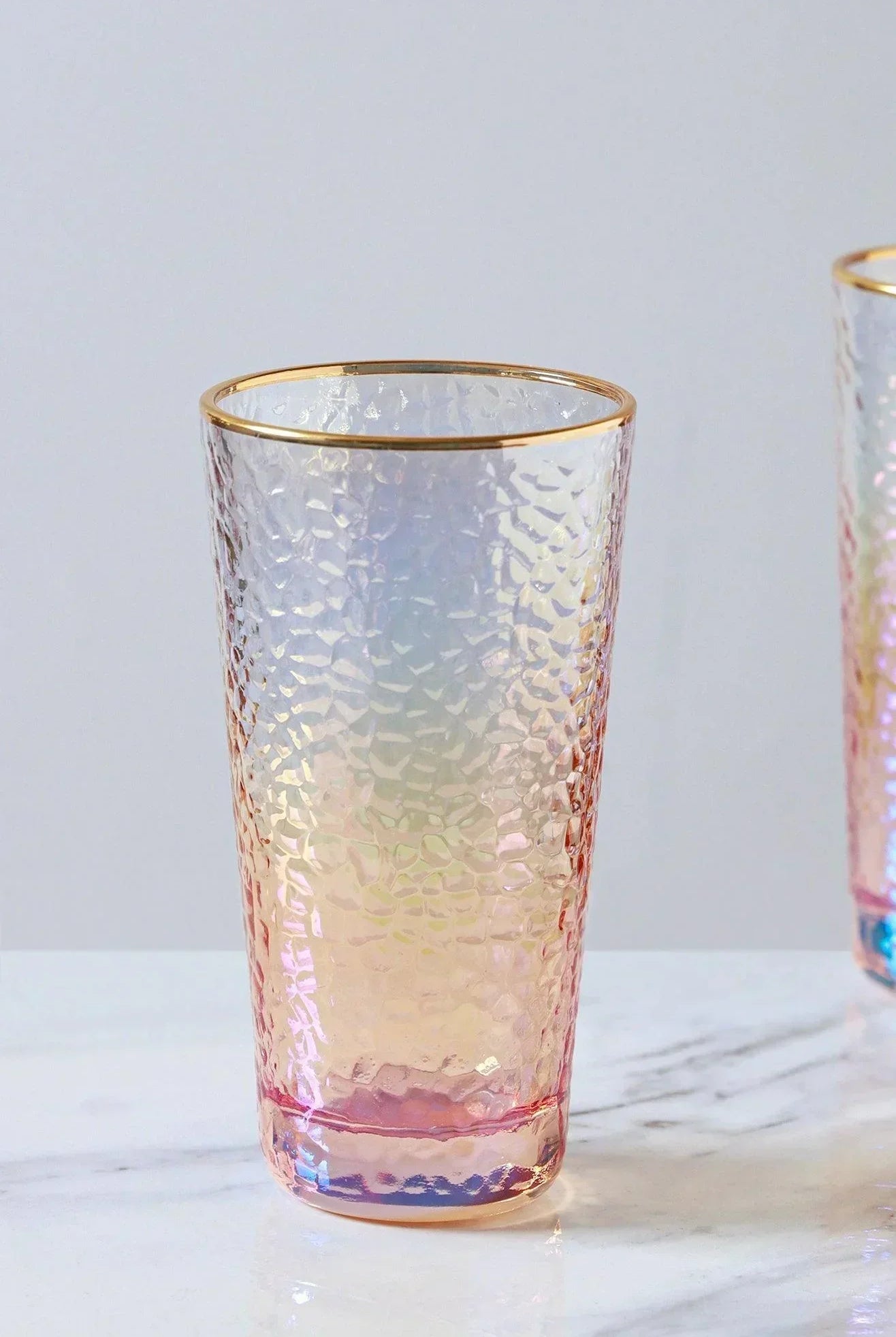 Set of 4 Handmade Iridescent Pearl Hammered Tumbler Glasses with Gold Rim - G Decor