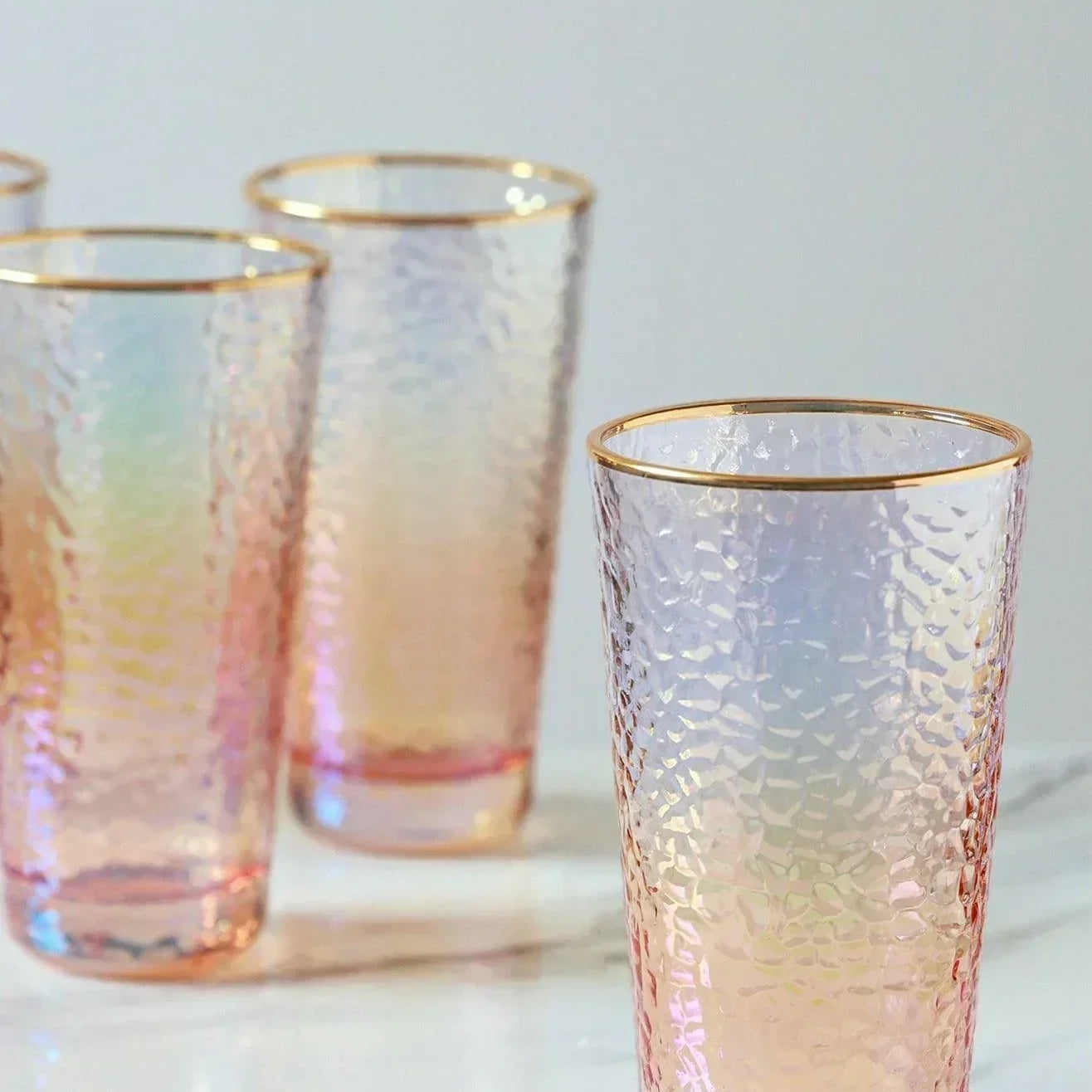 Set of 4 Handmade Iridescent Pearl Hammered Tumbler Glasses with Gold Rim - G Decor