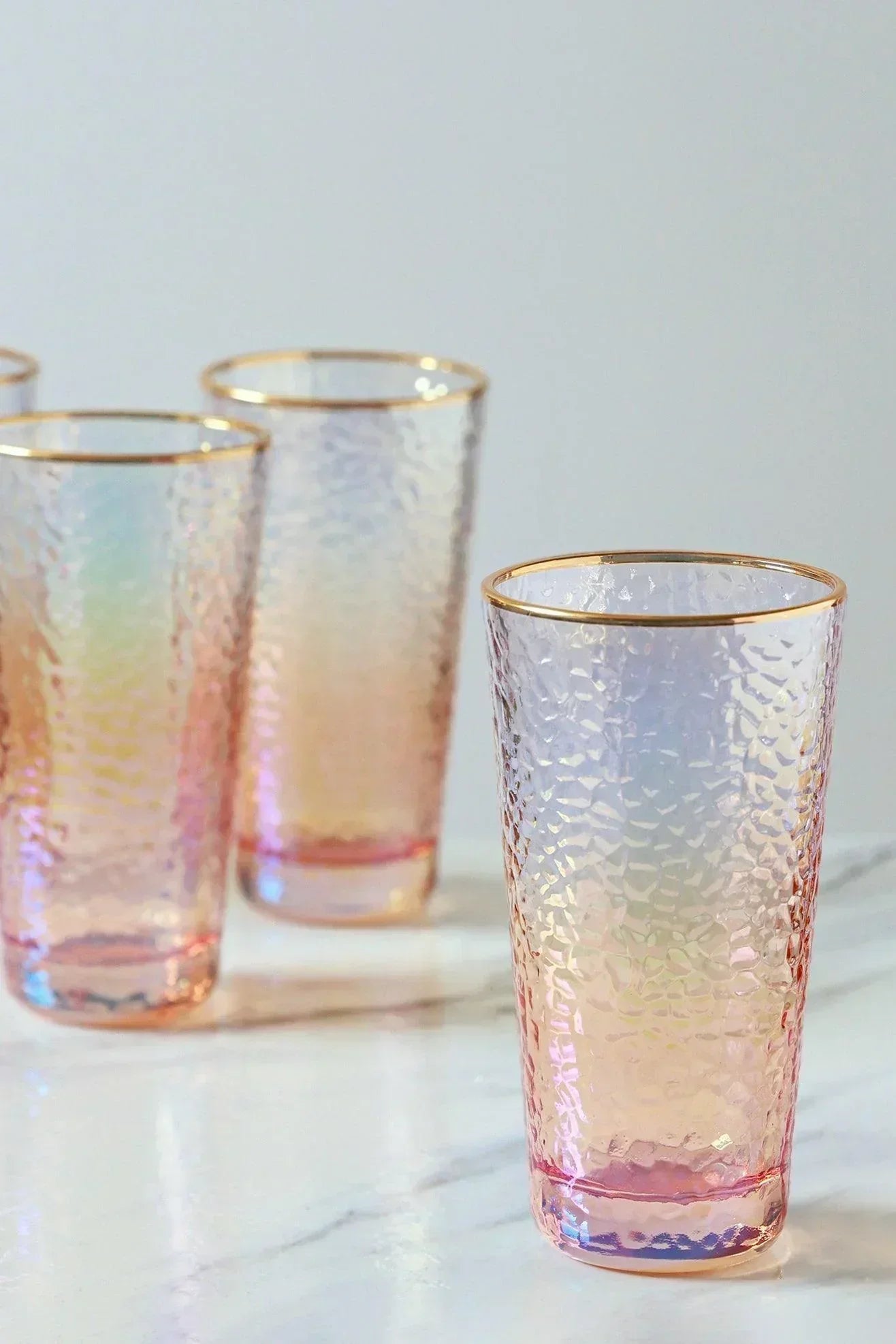 Set of 4 Handmade Iridescent Pearl Hammered Tumbler Glasses with Gold Rim - G Decor