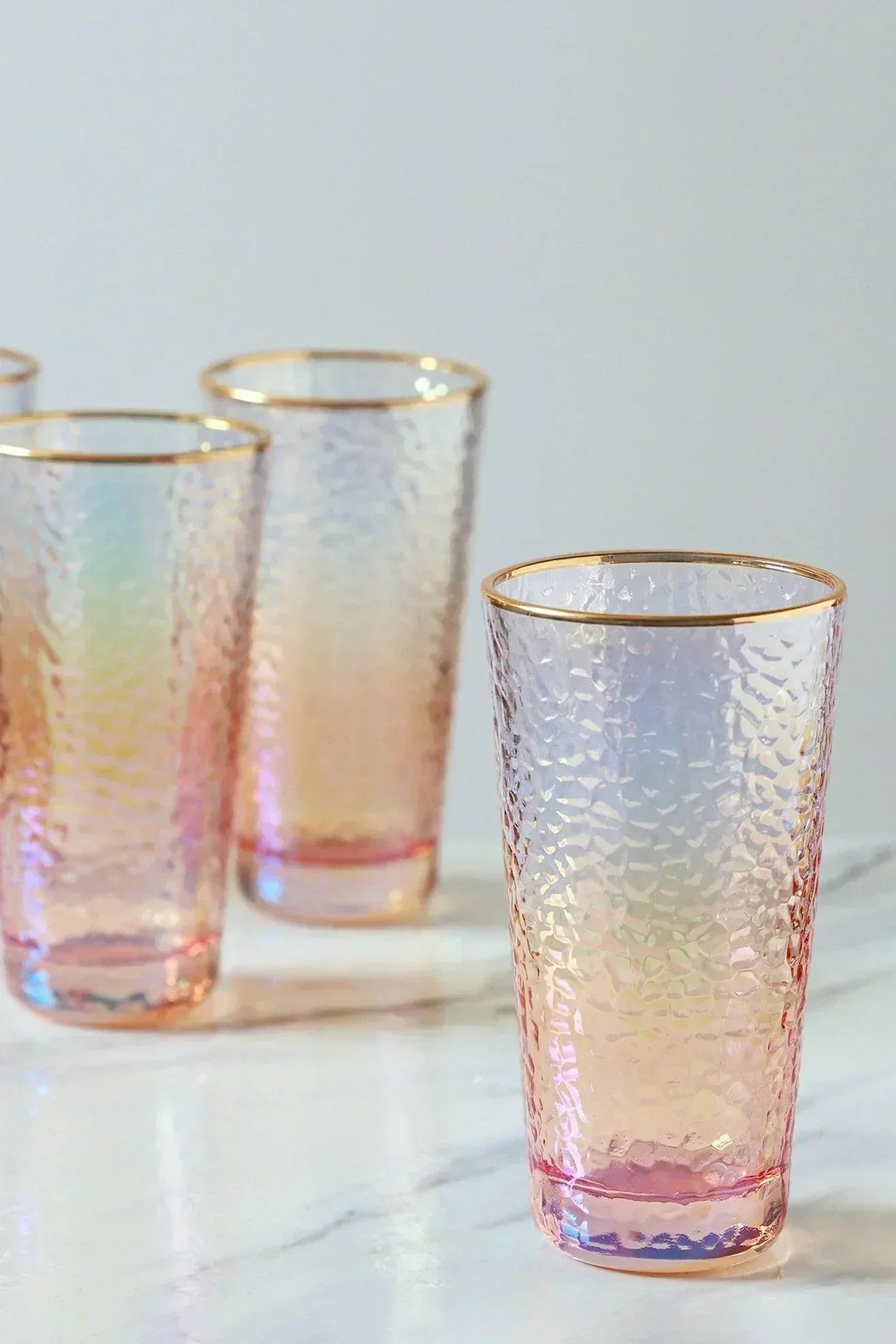 Set of 4 Handmade Iridescent Pearl Hammered Tumbler Glasses with Gold Rim - G Decor