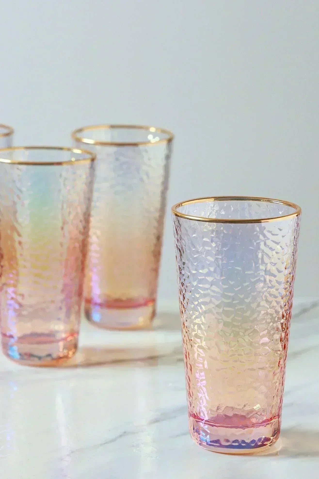 Set of 4 Handmade Iridescent Pearl Hammered Tumbler Glasses with Gold Rim - G Decor