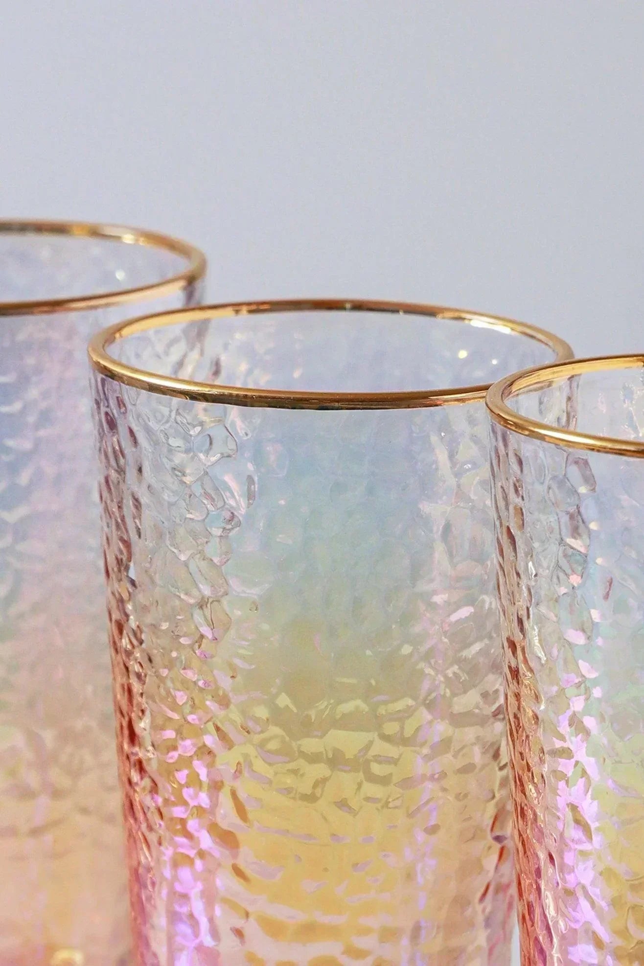 Set of 4 Handmade Iridescent Pearl Hammered Tumbler Glasses with Gold Rim - G Decor