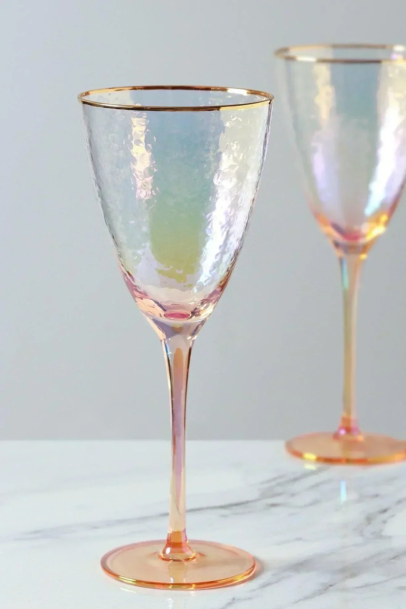 Set of 4 Handmade Iridescent Pearl Hammered Wine Glasses with Gold Rim - G Decor