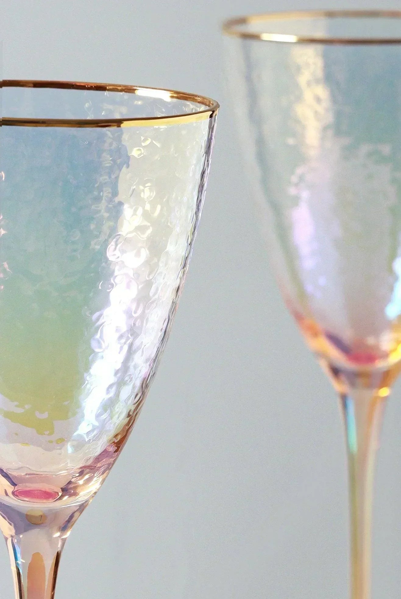 Set of 4 Handmade Iridescent Pearl Hammered Wine Glasses with Gold Rim - G Decor