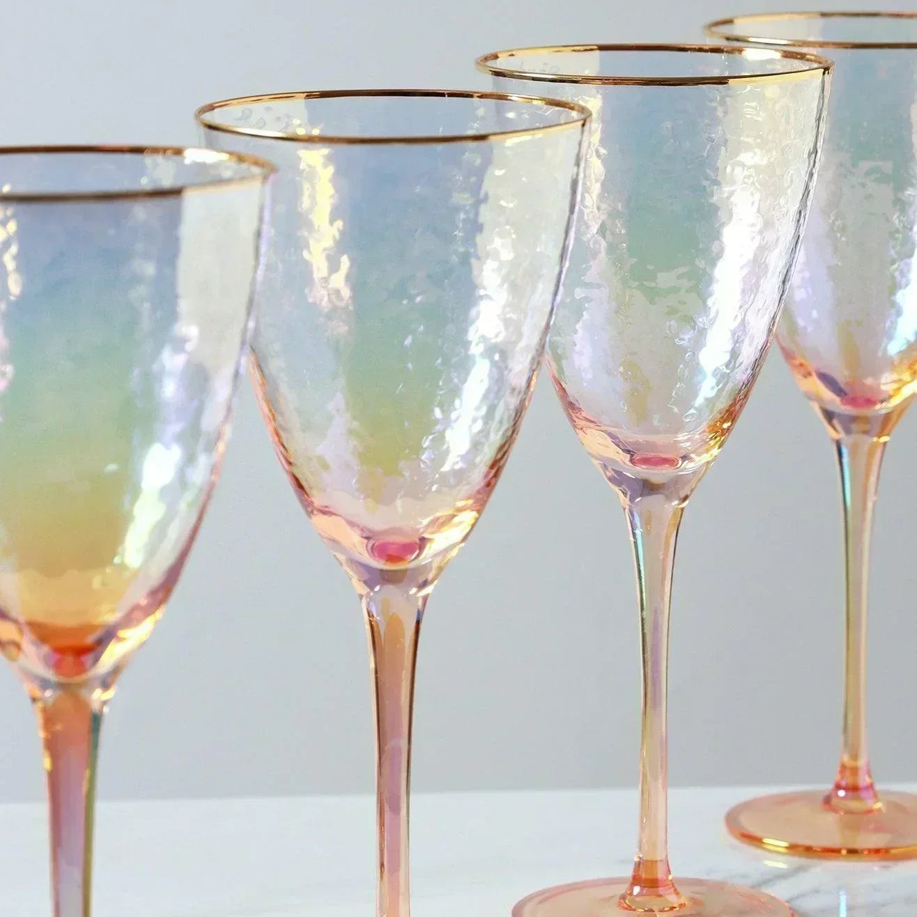 Set of 4 Handmade Iridescent Pearl Hammered Wine Glasses with Gold Rim - G Decor