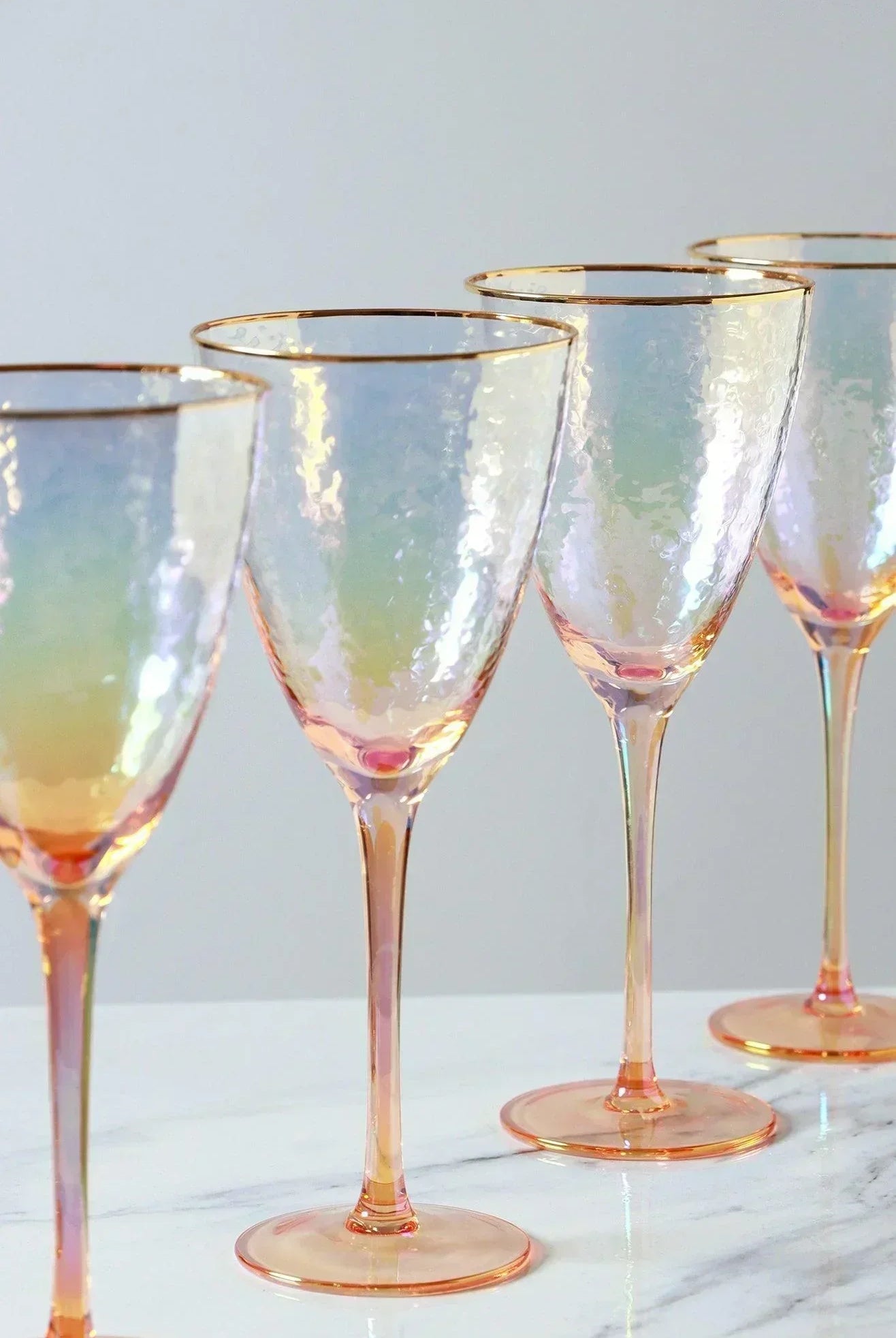 Set of 4 Handmade Iridescent Pearl Hammered Wine Glasses with Gold Rim - G Decor