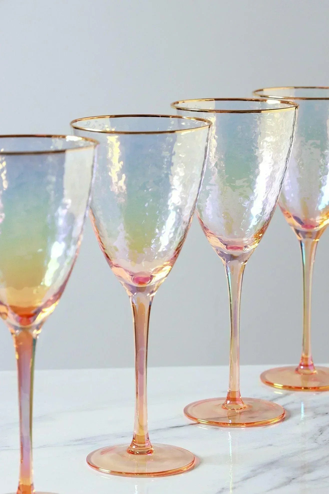 Set of 4 Handmade Iridescent Pearl Hammered Wine Glasses with Gold Rim - G Decor