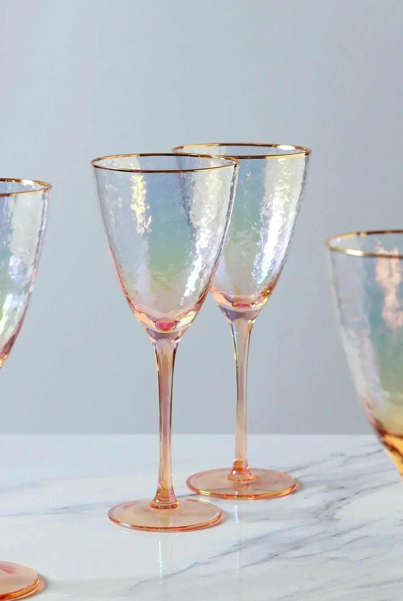 Set of 4 Handmade Iridescent Pearl Hammered Wine Glasses with Gold Rim - G Decor