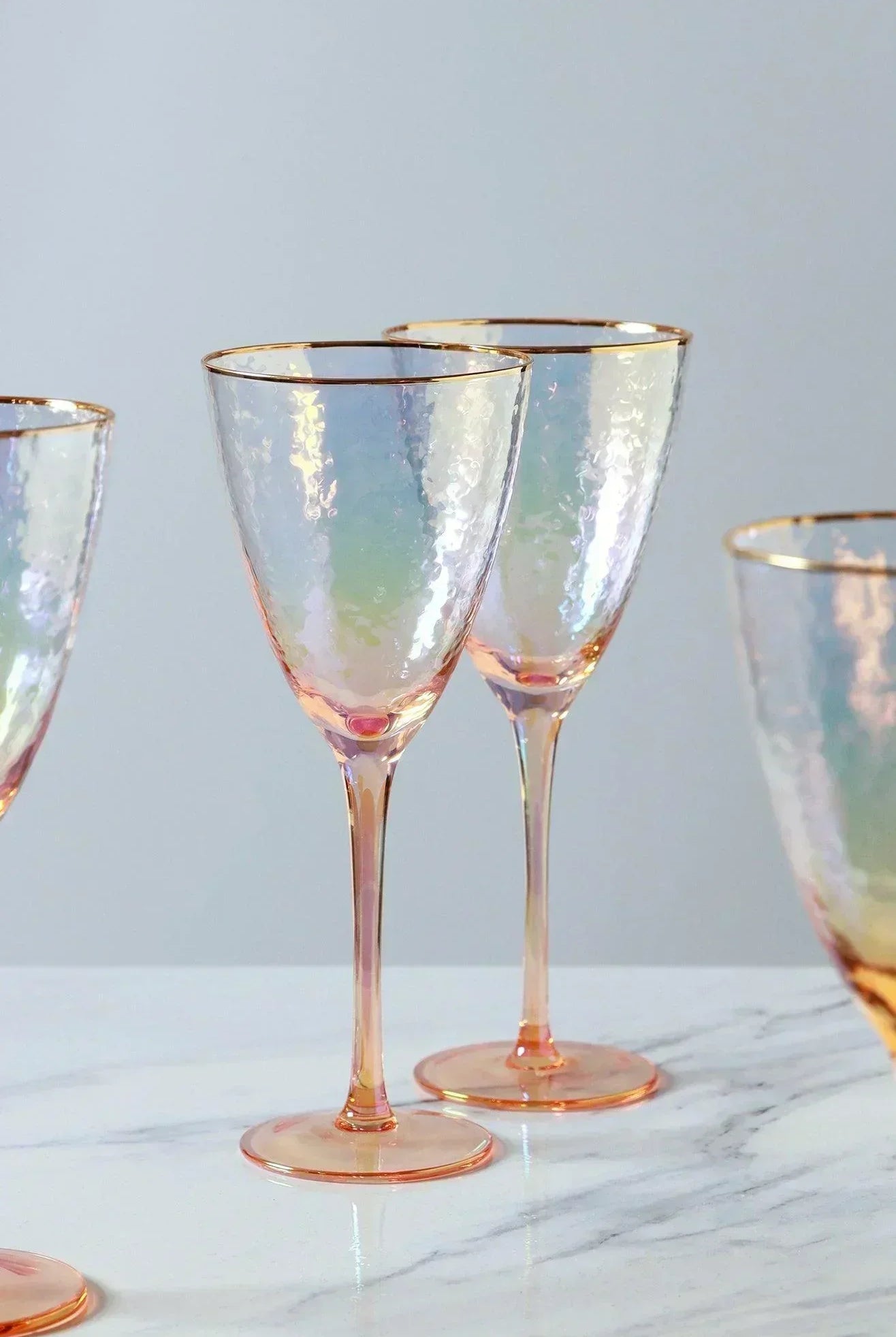 Set of 4 Handmade Iridescent Pearl Hammered Wine Glasses with Gold Rim - G Decor