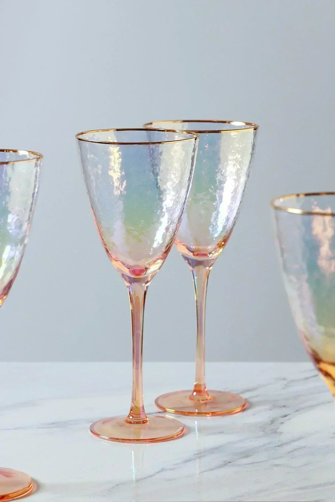Set of 4 Handmade Iridescent Pearl Hammered Wine Glasses with Gold Rim - G Decor