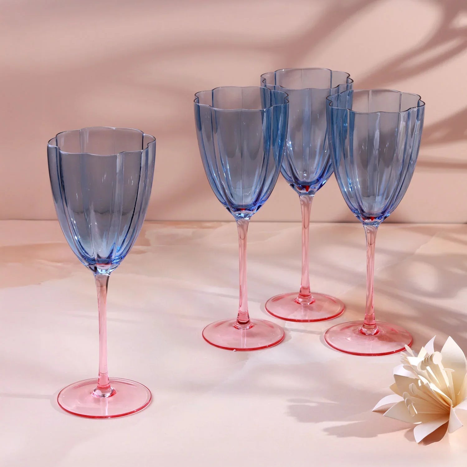 Set of 4 Laurent Glassware Collection Elegant Wine Glasses with Tall Stems & Fluted Bowl Design - G Decor
