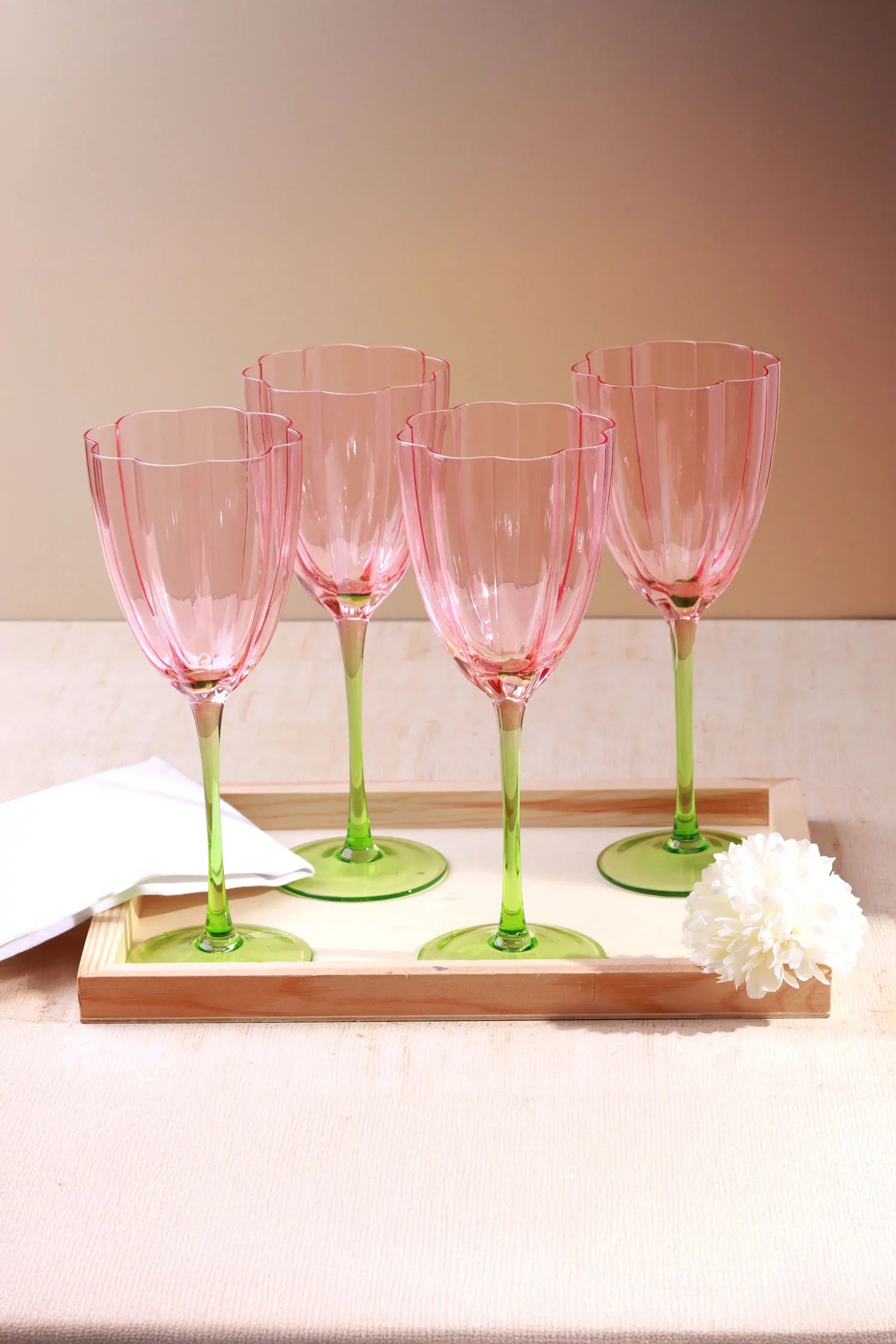 Set of 4 Laurent Wine Glasses Pink & Green Stem Fluted Water and Wine Goblets - G Decor