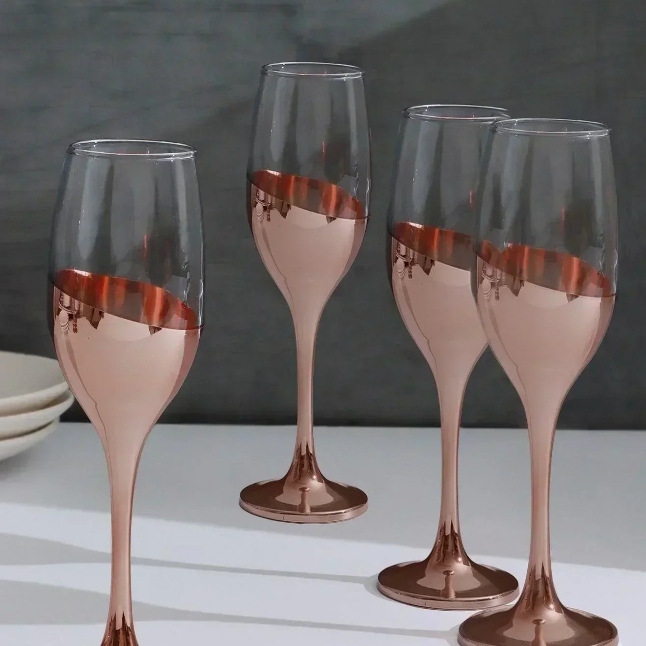 Set of 4 Sephora Rose Gold Champagne Glasses Elegant Metallic Finish - G Decor
