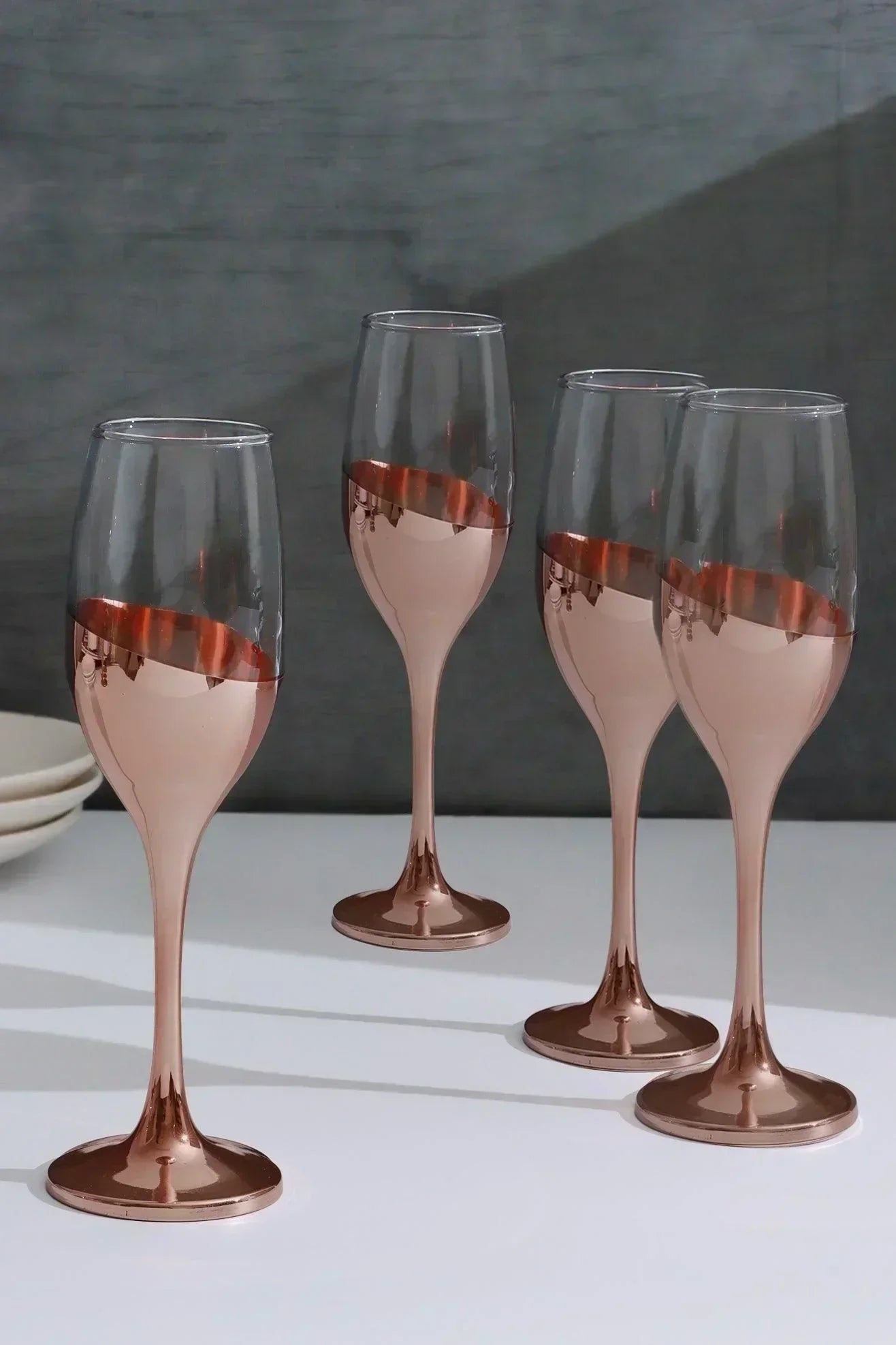 Set of 4 Sephora Rose Gold Champagne Glasses Elegant Metallic Finish - G Decor