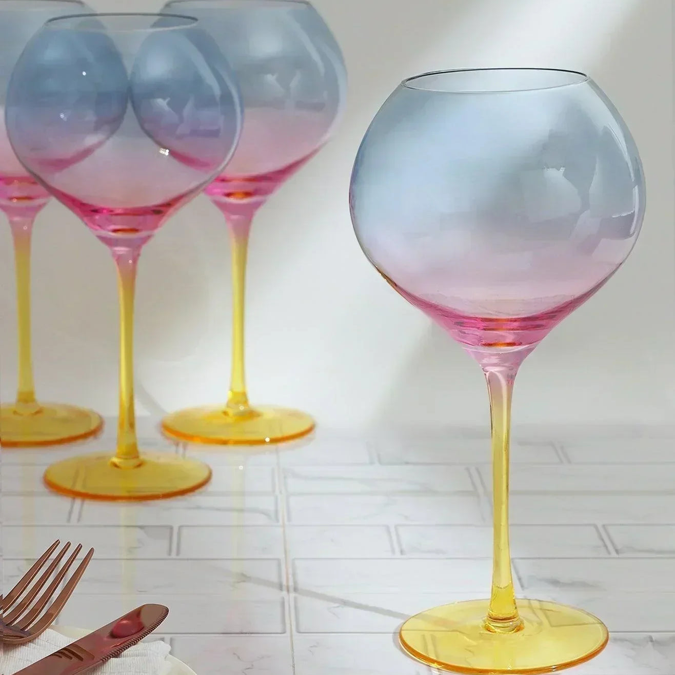 Set of 4 Sunset Rainbow Iridescent Gin Glasses Vibrant & Party-Ready - G Decor