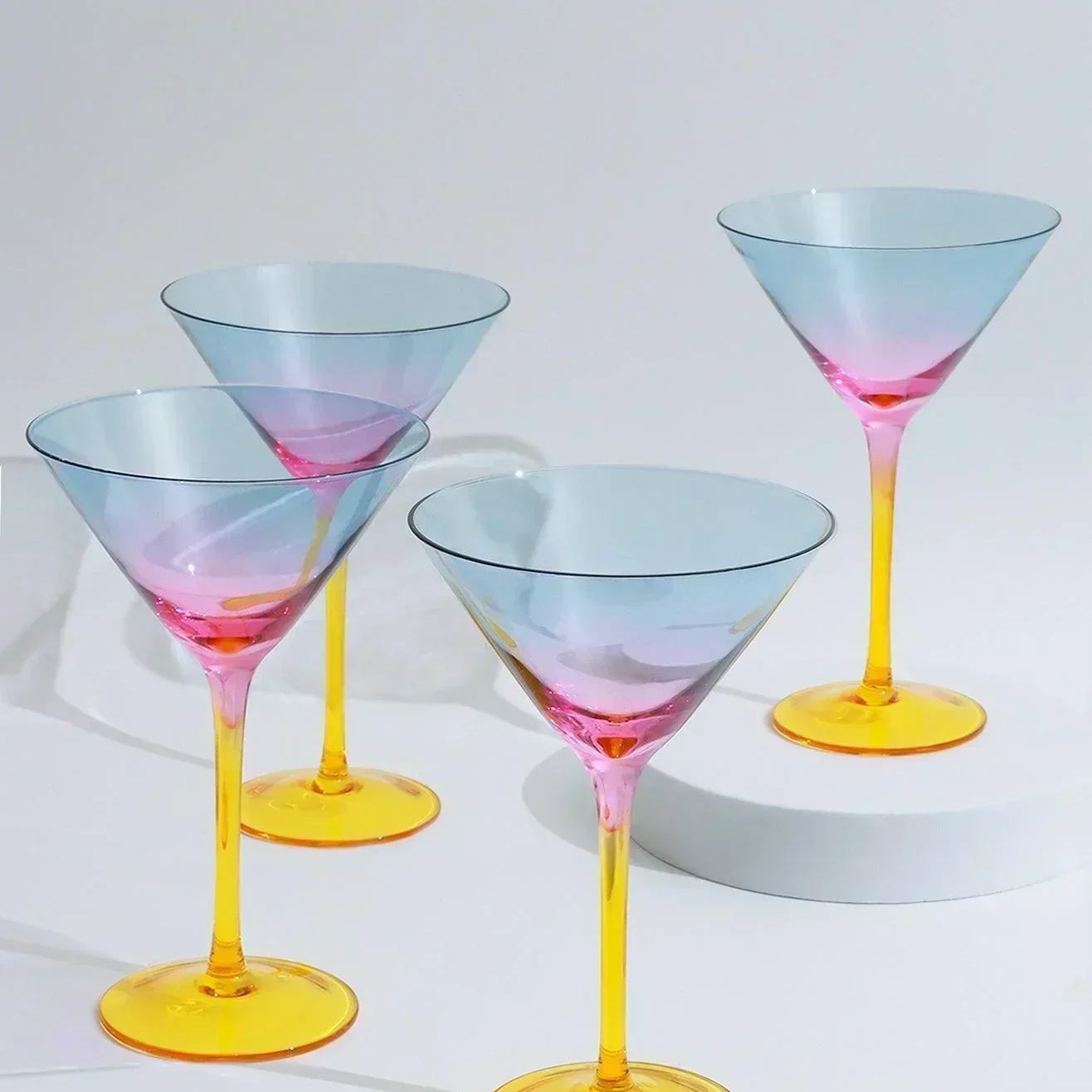 Set of 4 Sunset Rainbow Iridescent Martini Glasses Striking Cocktailware - G Decor