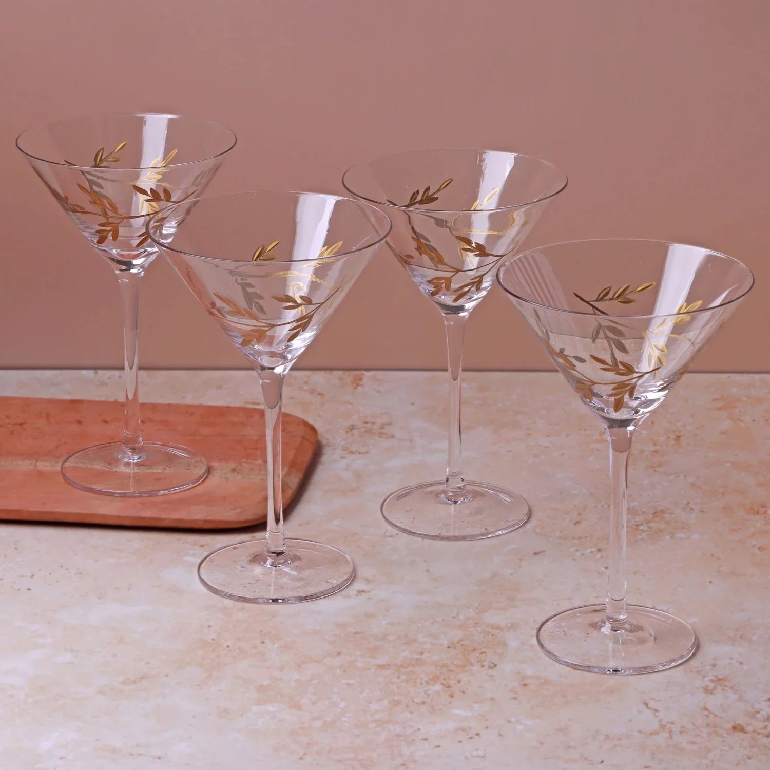 Set of 4 Wild Vine Hand-Painted Martini Glasses Inspired by Nature - G Decor