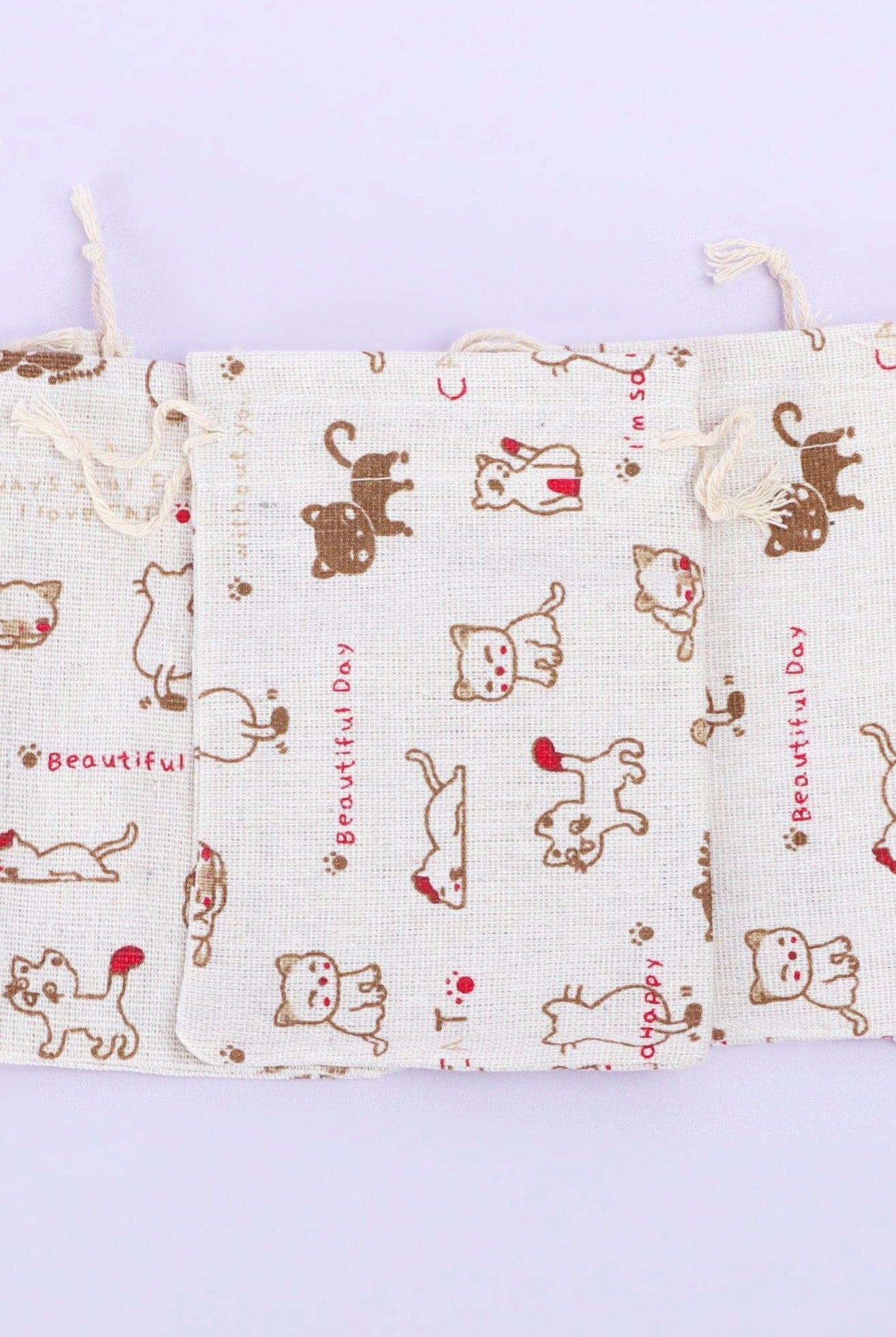 Set of 5 or 10 Charming Cat Elegance Hessian Gift Sacks with Kitten Patterns - G Decor
