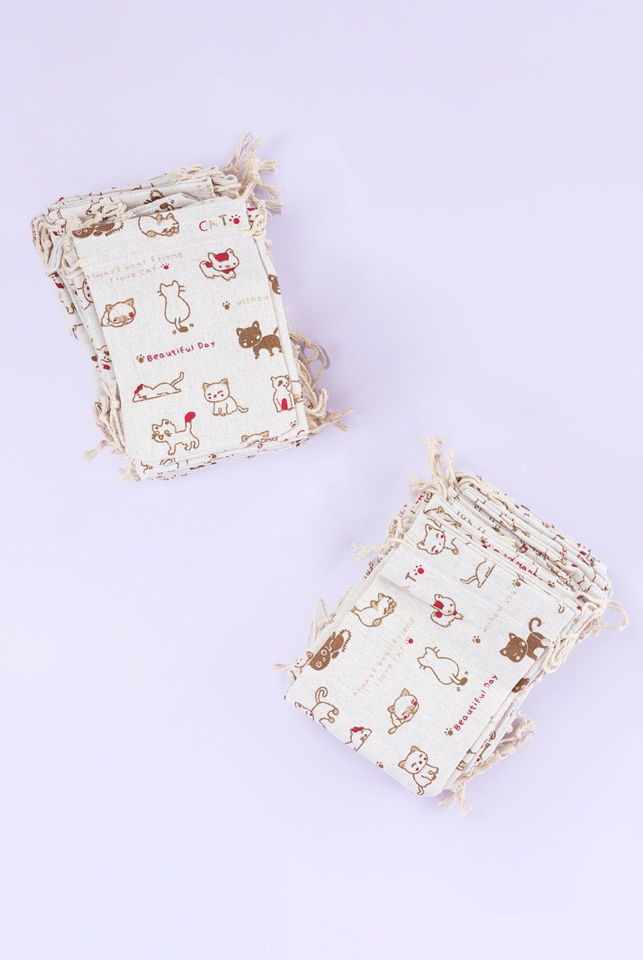 Set of 5 or 10 Charming Cat Elegance Hessian Gift Sacks with Kitten Patterns - G Decor