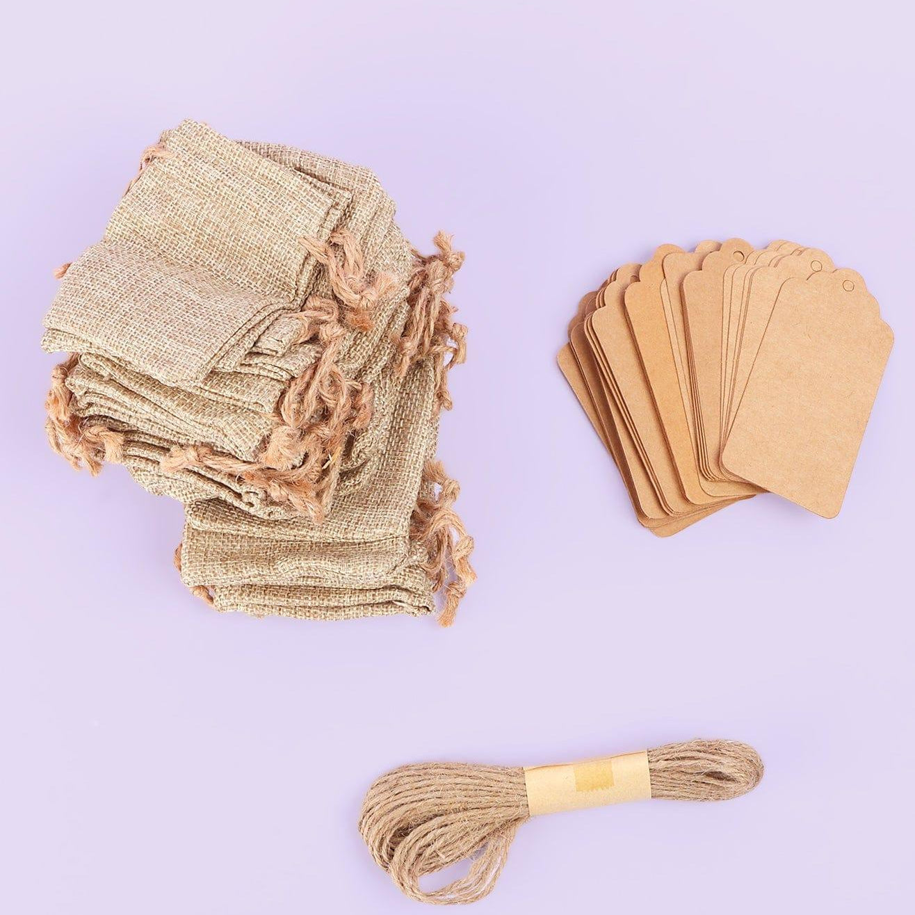 Set of 5 or 10 Eco Natural Jute Hessian Gift Bags with Drawstrings, Kraft Tags & Extra String - G Decor