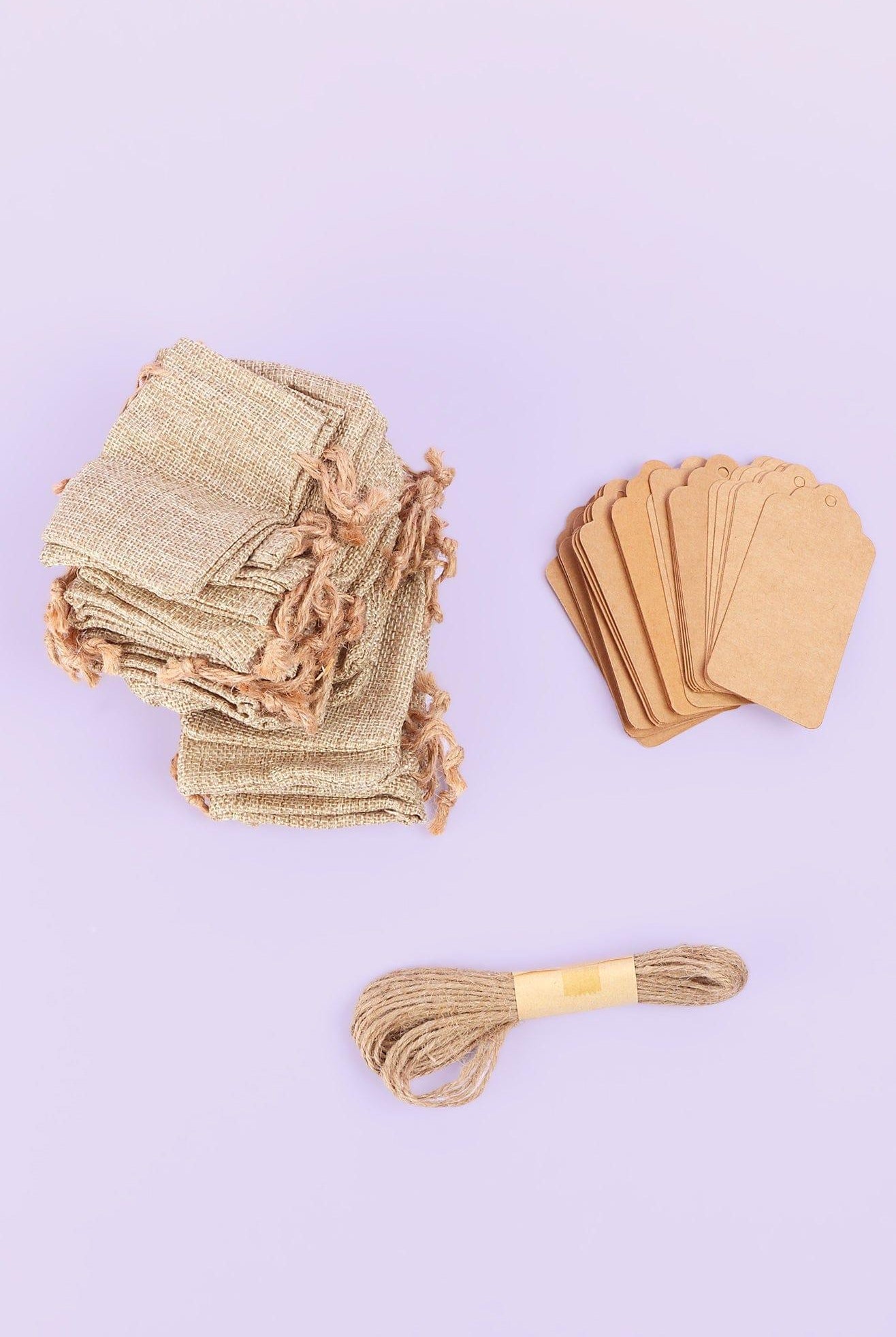 Set of 5 or 10 Eco Natural Jute Hessian Gift Bags with Drawstrings, Kraft Tags & Extra String - G Decor